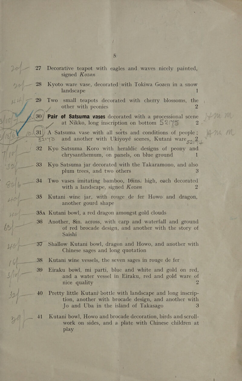 oO Ju 27 Decorative teapot with eagles and waves nicely painted, signed Kozan DA |_ —— 28 Kyoto ware vase, decorated |with Tokiwa Gozen in a snow landscape J ith) = 29 Two small teapots decorated with cherry blossoms, the 1 other with peonies 2 f (30) Pair of Satsuma vases decorated with a processional scene Me Ae at Nikko, long inscription on bottom S275 a2 fe a A 31) A Satsuma vase with all sorts and conditions of people ; s2iy> and another with Ukiyoyé scenes, Kutani ware_, 2 oN oe 2 32 Kyo Satsuma Koro with heraldic designs of peony and  {, chrysanthemum, on panels, on blue ground 1 | fy i449, ' ___ 33 Kyo Satsuma jar decorated with the Takaramono, and also “esa plum trees, and two others 3 ae ___— 34. Two vases imitating bamboo, 16ins. high, each decorated O07) Y with a landscape, signed Kozan 2 :. pp) 35 KKutani wine jar, with rouge de fer Howo and dragon, ee 7 another gourd shape Lhe ____ 85a _Kutani bowl, a red dragon amongst gold clouds . | — 36 Another, 8in. across, with carp and waterfall and ground 62) ime of red brocade design, and another with the story of Saishi YO p— —~37 Shallow Kutani bowl, dragon and Howo, and another with et Chinese sages and long quotation / (J. _38 Kutani wine vessels, the seven sages in rouge de fer ) _ 89 Eiraku bowl, mi parti, blue and white and gold on red, af 1%) -and a water vessel in Eiraku, red and gold ware of | nice quality — 2 fo) __— 40 Pretty little Kutani bottle with landscape and long inscrip- Falck tion, another with brocade design, and another with Jo and Uba in the island of Takasago 3 pf _~ 41 Kutani bowl, Howo and brocade decoration, birds and scroll- ty work on sides, and a plate with Chinese children at play