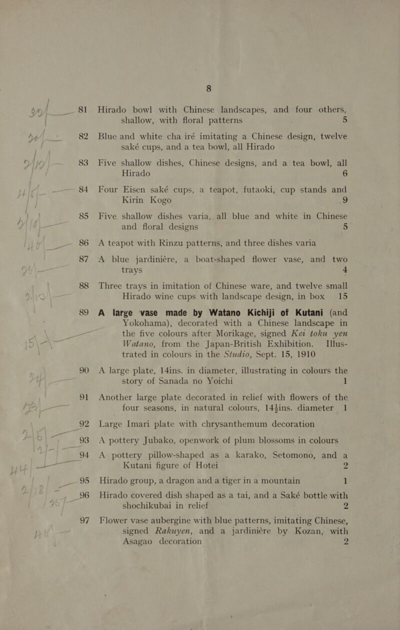 81 82 83 89 90) 8 Hirado bowl with Chinese landscapes, and four others, shallow, with floral patterns 5 Blue and white cha iré imitating a Chinese design, twelve saké cups, and a tea bowl, all Hirado Five shallow dishes, Chinese designs, and a tea bowl, all Hirado 6 Four Eisen saké cups, a teapot, futaoki, cup stands and Kirin Kogo 9 Five. shallow dishes varia,.all blue and white in Chinese and floral designs 5 A teapot with Rinzu patterns, and three dishes varia A blue jardiniére, a boat-shaped flower vase, and two trays 4 Three trays in imitation of Chinese ware, and twelve small Hirado wine cups with landscape design, in box 15 A large vase made by Watano Kichiji of Kutani (and Yokohama), decorated with a Chinese landscape in the five colours after Morikage, signed Ket toku yen Watano, from the Japan-British Exhibition. — Illus- trated in colours in the Studio, Sept. 15, 1910 A large plate, 14ins. in diameter, illustrating in colours the story of Sanada no Yoichi 1 Another large plate decorated in relief with flowers of the four seasons, in natural colours, 14dins. diameter 1 Large Imari plate with chrysanthemum decoration A pottery Jubako, openwork of plum blossoms in colours A pottery pillow-shaped as a karako, Setomono, and a Kutani figure of Hotei 2 Hirado group, a dragon and a tiger in a mountain 1 Hirado covered dish shaped as a tai, and a Saké bottle with shochikubai in relief 2 Flower vase aubergine with blue patterns, imitating Chinese, signed Rakuyen, and a jardiniére by Kozan, with Asagao decoration 2