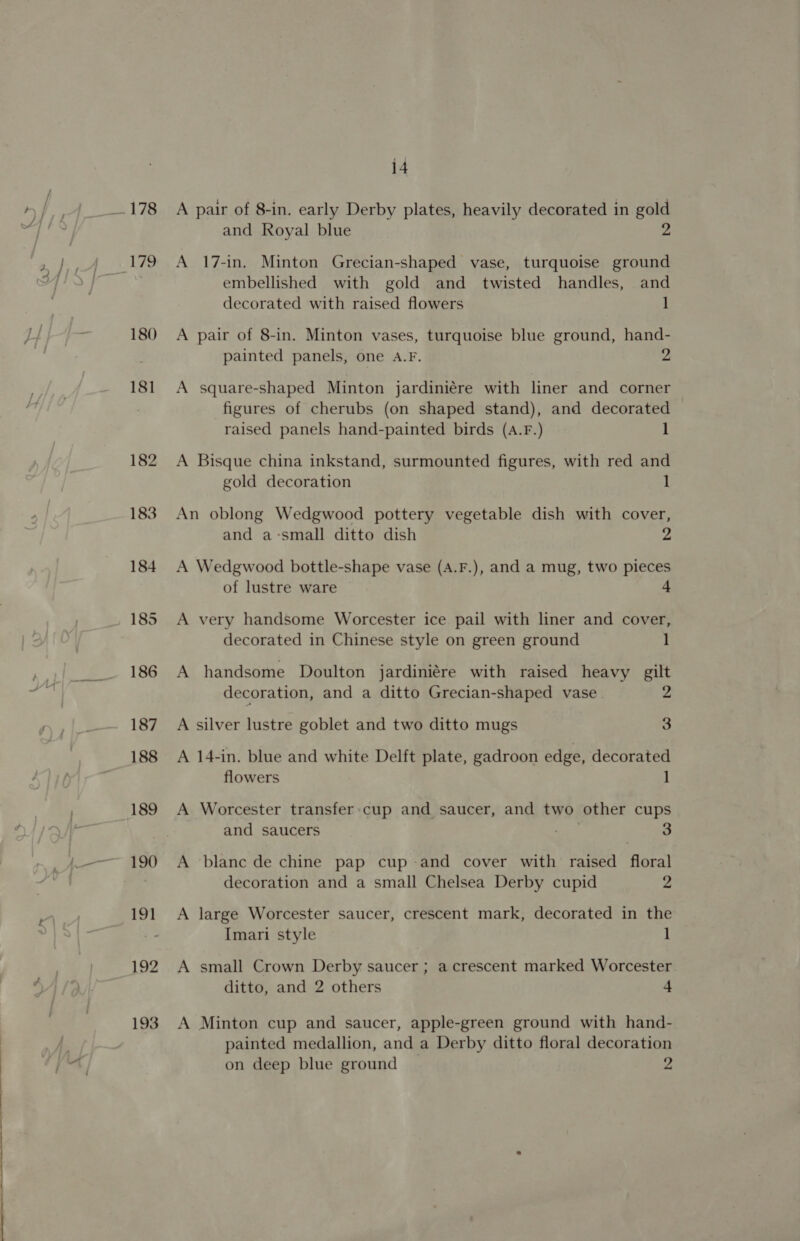 180 181 192 193 14 A pair of 8-in. early Derby plates, heavily decorated in gold and Royal blue 2 A 17-in. Minton Grecian-shaped vase, turquoise ground embellished with gold and twisted handles, and decorated with raised flowers 1 A pair of 8-in. Minton vases, turquoise blue ground, hand- A square-shaped Minton jardiniére with liner and corner figures of cherubs (on shaped stand), and decorated raised panels hand-painted birds (A.F.) 1 A Bisque china inkstand, surmounted figures, with red and An oblong Wedgwood pottery vegetable dish with cover, and a-small ditto dish 2 A Wedgwood bottle-shape vase (A.F.), and a mug, two pieces of lustre ware A very handsome Worcester ice pail with liner and cover, decorated in Chinese style on green ground 1 A handsome Doulton jardiniére with raised heavy gilt decoration, and a ditto Grecian-shaped vase. 2 A silver lustre goblet and two ditto mugs 3 A 14-in. blue and white Delft plate, gadroon edge, decorated flowers 1 A Worcester transfer:cup and saucer, and two other cups and saucers ae 3 A blanc de chine pap cup -and cover with raised floral decoration and a small Chelsea Derby cupid 2 A large Worcester saucer, crescent mark, decorated in the Imari style 1 A small Crown Derby saucer ; a crescent marked Worcester. ditto, and 2 others 4 A Minton cup and saucer, apple-green ground with hand- painted medallion, and a Derby ditto floral decoration on deep blue ground 2