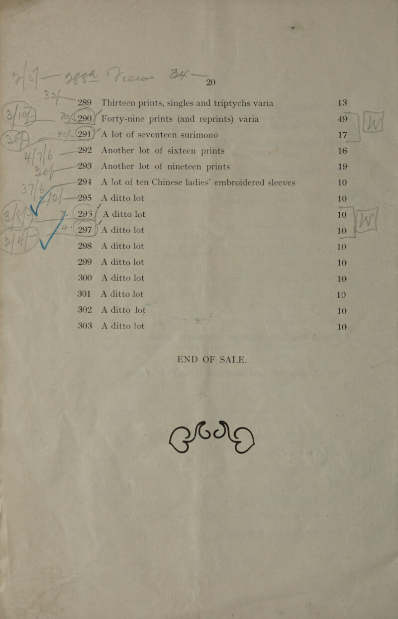 ot) (Salieri rh: w= bi. ; 20 re - ~~ 289 Thirteen prints, singles and triptychs varia j ss \ &gt; a y é / {} ; 4 Wt al \)* 5 4 . ° S|“ [p-— 8290/ Forty-nine prints (and reprints) varia ~7T\ #2291) A lot of seventeen surimono _— 292 Another lot of sixteen prints rr ™ ~ . # _—-293 Another lot of nineteen prints ‘ey ior _—-294 A lot of ten Chinese ladies’ embroidered sleeves 7 Na Y4—295 &lt;A ditto lot , _ §-\ 295 (a ditto lot ee 297 yA ditto lot 298 A ditto lot 299 A ditto lot 300 A ditto lot 301 A ditto lot 302 A ditto lot 303 A ditto lot  END OF SALE.