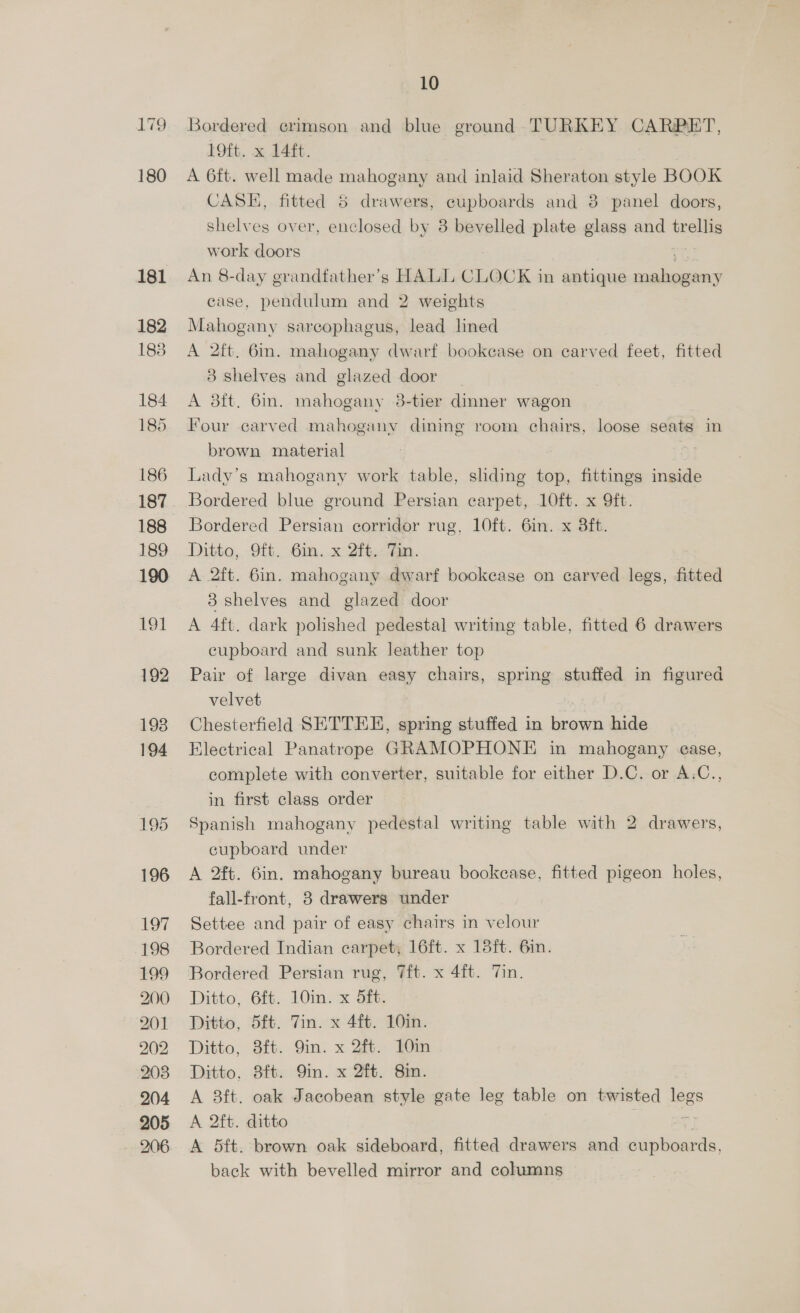 179 180 181 182 183 184 185 186 187 189 190 191 192 198 194 196 a 198 499 200 201 202 203 204 205 10 Bordered crimson and blue ground TURKEY CARPET, 19ft. x 14ft. A 6ft. well made mahogany and inlaid Sheraton style BOOK CASH, fitted 5 drawers, cupboards and 8 panel doors, shelves over, enclosed by 8 bevelled plate glass and trellis work doors : An 8-day grandfather’s HALL CLOCK in antique mahogany case, pendulum and 2 weights Mahogany sarcophagus, lead lined A 2ft. 6in. mahogany dwarf bookcase on carved feet, fitted 8 shelves and glazed door A 3ft. 6m. mahogany 38-tier dinner wagon Four carved mahogany dining room chairs, loose seats in brown material | Lady’s mahogany work table, sliding top, fittings inside Bordered blue ground Persian carpet, 10ft. x 9ft. Bordered Persian corridor rug, 10ft. 6in. x 8ft. Ditto, 9ft. Gin. x 2ft. Tin. A 2ft. 6in. mahogany dwarf bookcase on carved legs, fitted 3 shelves and glazed door A 4ft. dark polished pedestal writing table, fitted 6 drawers cupboard and sunk leather top Pair of large divan easy chairs, spring stuffed in figured velvet Chesterfield SETTEE, spring stuffed in brown hide Electrical Panatrope GRAMOPHONE in mahogany ease, complete with converter, suitable for either D.C. or A.C., in first class order Spanish mahogany pedestal writing table with 2 drawers, cupboard under A 2ft. 6in. mahogany bureau bookcase, fitted pigeon holes, fall-front, 8 drawers under Settee and pair of easy chairs in velour Bordered Indian carpet; 16ft. x 18ft. 6in. Bordered Persian rug, 7ft. x 4ft. Tin. Ditto, 62. 10im.-x Sf Ditto, 5ft. Tin. x 44. 10in. Ditto, 3ft. 9m. x 2%.- in Ditto, 8ft. 9m. x 2ft. 8in. A 38ft. oak Jacobean style gate leg table on twisted legs A 2ft. ditto if A 5ft. brown oak sideboard, fitted drawers and cupboards, back with bevelled mirror and columns |