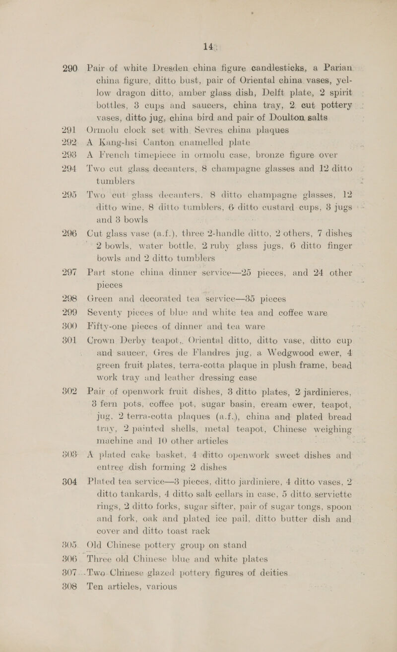 290 291 292 a OS sl 293 204 298 299 801 302 304 B05 306 808 14. Pair of white Dresden china figure candlesticks, a Parian. china figure, ditto bust, pair of Oriental china vases, yel- low dragon ditto, amber glass dish, Delft plate, 2 spirit vases, ditto jug, china bird and pair of Doulton salts A Kang-hsi Canton. enamelled plate A French timepiece in ormolu case, bronze figure over Two cut glass decanters, 8 champagne glasses and 12 ditto tumblers Two cut glass decanters, 8 ditto champagne glasses, 12 ditto wine, 8 ditto tumblers, 6 ditto custard cups, 8 jugs ° and 3 bowls Cut glass vase (a.f.), three 2-handle ditto, 2 others, 7 dishes bowls and 2 ditto tumblers Part stone china dinner service pieces  25 pieces, and 24 other Green and decorated tea service—35 pieces Seventy pieces of blue and white tea and coffee ware Fifty-one pieces of dinner and tea ware Crown Derby teapot, Oriental ditto, ditto vase, ditto cup and saucer, Gres de Flandres jug, a Wedgwood ewer, 4 green fruit plates, terra-cotta plaque in plush frame, bead work tray und leather dressing case Pair of openwork fruit dishes, 8 ditto plates, 2 jardinieres, 3 fern pots, coffee pot, sugar basin, cream ewer, teapot, jug, 2 terra-cotta plaques (a.f.), china and plated bread tray, 2 pamted shells, metal teapot, Chinese weighing machine and 10 other articles ho A plated cake basket, 4 ditto openwork sweet dishes and entree dish forming 2 dishes Plated tea service  3 pieces, ditto jardiniere, 4 ditto vases, 2 ditto tankards, 4 ditto salt cellars in case, 5 ditto serviette rings, 2 ditto forks, sugar sifter, pair of sugar tongs, spoon and fork, oak and plated ice pail, ditto butter dish and cover and ditto toast rack Old Chinese pottery group on stand Ten articles, various