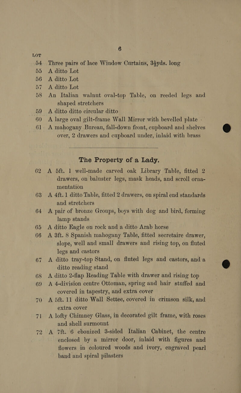 62 Three pairs of lace Window Curtains, 33yds. long An Italian walnut oval-top Table, on reeded legs and shaped stretchers A ditto ditto circular ditto A mahogany Bureau, fall-down front, cupboard and shelves over, 2 drawers and cupboard under, inlaid with brass   The Property of a Lady. drawers, on baluster legs, mask heads, and scroll orna- mentation A 4ft.1 ditto Table, fitted 2 drawers, on spiral end standards and stretchers A pair of bronze Groups, boys with dog and bird, forming lamp stands A ditto Eagle on rock and a ditto Arab horse A 3ft. 8 Spanish mahogany Table, fitted secretaire drawer, slope, well and small drawers and rising top, on fluted legs and castors A ditto tray-top Stand, on fluted legs and castors, and-a ditto reading stand A ditto 2-flap Reading Table with drawer and rising top A 4-division centre Ottoman, spring and hair stuffed and covered in tapestry, and extra cover A 5ft. 11 ditto Wall Settee, covered in crimson silk, and extra cover A lofty Chimney Glass, in decorated gilt frame, with roses and shell surmount A 7ft. 6 ebonized 38-sided Italian Cabinet, the centre enclosed by a mirror door, inlaid with figures and flowers in coloured woods and ivory, engraved pearl band and spiral pilasters