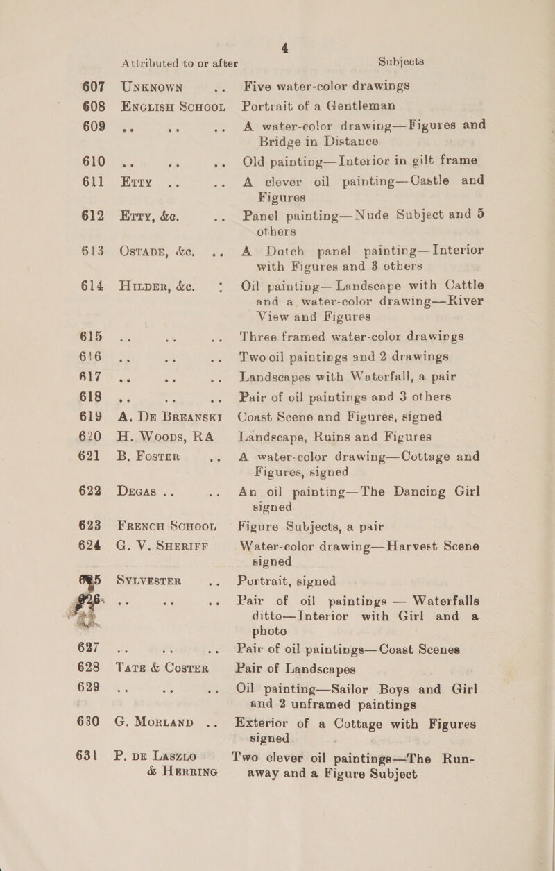 607 608 609 610 611 612 613 614 615 616 617 618 619 620 621 622  630 UNKNOWN ENGLISH SCHOOL Erry Erty, &amp;e. OsTADE, &amp;e. .. HixpeEr, de. A. Dr BrREANSKI H. Woops, RA B, Foster a DerGas .. FRENCH SCHOOL G. V. SHERIFF SYLVESTER TaTE &amp; Coster G. Morianp P. pe Laszio &amp; HERRING Subjects Five water-color drawings Portrait of a Gentleman A water-color abi Bisar ss and Bridge in Distance Old painting—Interior in gilt frame A clever oil painting—Castle and Figures Panel painting—Nude Subject and 9 others A Datch panel painting— Interior with Figures and 3 others Oil painting— Landscape with Cattle and a water-color drawing—River View and Figures Three framed water-color drawings Two oil paintings and 2 drawings Landscapes with Waterfall, a pair Pair of oil paintings and 3 others Coast Scene and Figures, signed Landscape, Ruins and Figures A water-color drawing—Cottage and Figures, signed An oil painting—The Dancing Girl signed Figure Subjects, a pair Water-color drawing— Harvest Scene signed Portrait, signed Pair of oil paintings — Waterfalls ditto—Interior with Girl and a photo Pair of oil paintings— Coast Scenes Pair of Landscapes Oil painting—Sailor Boys and Girl and 2 unframed paintings Exterior of a Cottage with Figures signed Two clever oil paintings—The Run- away and a Figure Subject