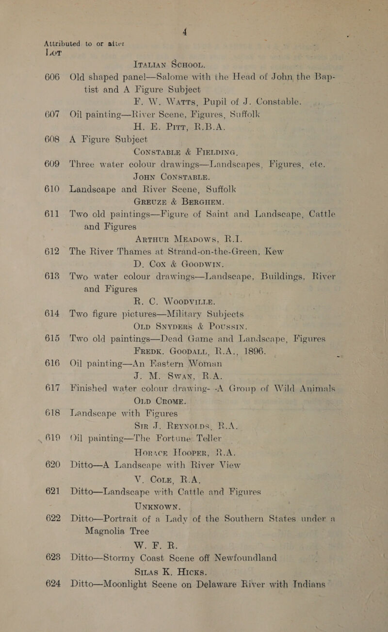 Lor Irauian ScHoou. * 606 Old shaped panel—Salome with the Head of John the Bap- tist and A Figure Subject F. W. Watts, Pupil of J. Constable. 607 Oil painting—River Scene, Figures, Suffolk Hi Bo Pinte, B.A. 608 <A Figure Subject CONSTABLE &amp; FIELDING, 609 ‘Three water colour drawings—Landscapes, Figures, ete. JOHN CONSTABLE. 610 Landscape and River Scene, Suffolk GREUZE &amp; BERGHEM. 611 ‘Two old paintings—Figure of Saint and Landscape, Cattle and Figures | ArtHour Mrapows, R.I. 612 The River Thames at Strand-on-the-Green, Kew D. Cox &amp; Goopwiy. 618 Two water colour drawings and Figures R. C, Woopvitte. 614 Two figure pictures—Military Subjects Oup Snypers &amp; Poussin. 615 ‘Two old paintings—Dead Game and Landseape, Figures FREDK. GoopaLL, R.A., 1896. An HRastern Woman J: MS wae. hae 617 Finished water colour drawing- -A Group of Wild Animals OLD CRoME. 618 Landscape with Figures Sik J. Reynotps. R.A. 619 Oil pamting—The Fortune Teller Horace Flooprr, R.A. 620 Ditto—A Landscape with River View V. Coxe, R:A. 621 Ditto—Landscape with Cattle and Figures  Landseape, Buildings, River 616 Oil painting  UNKNOWN. 622 Ditto—Portrait of a Lady of the Southern States under a Magnolia Tree W. .FE OAR: 623 Ditto—Stormy Coast Scene off Newfoundland Siuas K. Hicks. 624 Ditto—Moonlight Scene on Delaware River with Indians