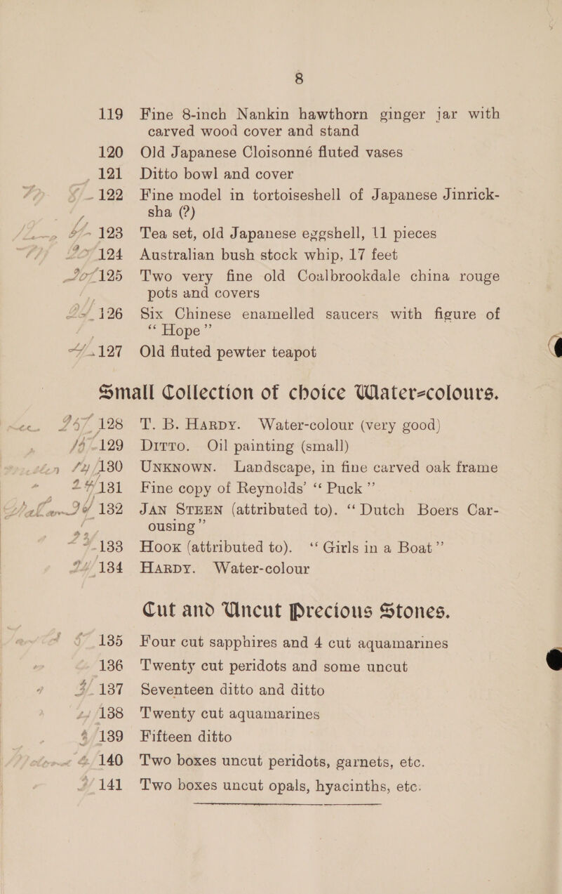 ‘ Fine 8-inch Nankin hawthorn ginger jar with carved wood cover and stand Old Japanese Cloisonné fluted vases Ditto bowl and cover Fine model in tortoiseshell of Japanese Jinrick- sha (?) Tea set, old Japanese eggshell, 11 pieces Australian bush stock whip, 17 feet Two very fine old Coalbrookdale china rouge pots and covers Six Chinese enamelled saucers with figure of “ Etepe’ Old fluted pewter teapot 128 fy ih 30 27/131 H 4 “138 135 136 ff ‘4f 137 £4 /138 4/139 * 140 / 14] T. B. Harpy. Water-colour (very good) Ditto. Oil painting (small) Unknown. Landscape, in fine carved oak frame Fine copy of Reynolds’ ‘‘ Puck ”’ JAN STEEN (attributed to). ‘“‘ Dutch Boers Car- ousing ” Hook (attributed to). ‘‘ Girls in a Boat” Harpy. Water-colour Cut and Uncut Precious Stones. Four cut sapphires and 4 cut aquamarines Twenty cut peridots and some uncut Seventeen ditto and ditto Twenty cut aquamarines Fifteen ditto Two boxes uncut peridots, garnets, etc. Two boxes uncut opals, hyacinths, etc:  