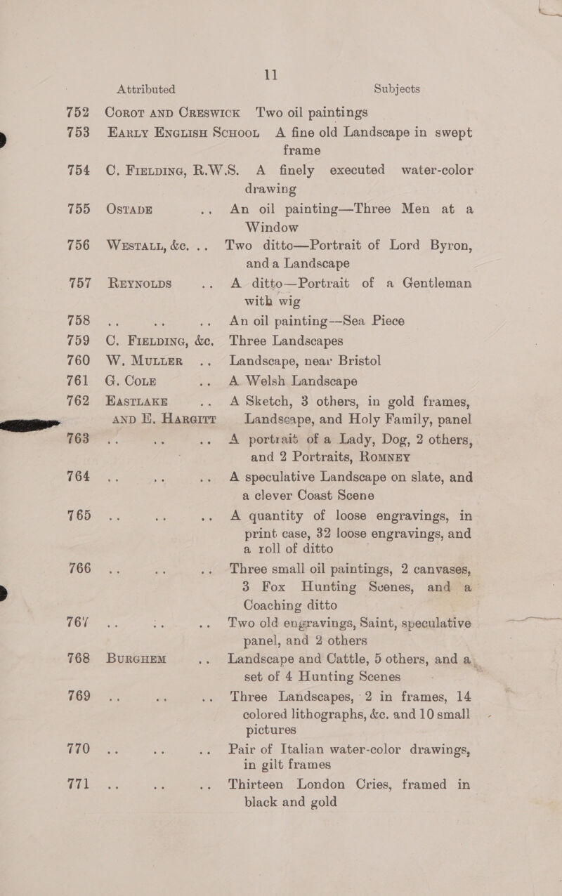 752 753 754 7595 756 157 758 759 760 761 762 763 764 165 766 76% 768 769 770 Attributed 11 Subjects frame OsTADE WESTALL, &amp;c. .. REYNOLDS C. Fre.pine, &amp;e. W. MuLurEr G. CoLE EASTLAKE AND I}, Hareirr BURGHEM drawing An oil painting—Three Men at a Window Two ditto—Portrait of Lord Byron, and a Landscape A ditto—Portrait of a Gentleman with wig An oil painting--Sea Piece Three Landscapes Landscape, near Bristol A. Welsh Landscape A Sketch, 3 others, in gold frames, Landszape, and Holy Family, panel A portrait of a Lady, Dog, 2 others, and 2 Portraits, RomNEyY A speculative Landscape on slate, and a clever Coast Scene A quantity of loose engravings, in print case, 32 loose engravings, and a roll of ditto Three small oil paintings, 2 canvases, 3 Fox Hunting Scenes, and a Coaching ditto Two old engravings, Saint, speculative panel, and 2 others set of 4 Hunting Scenes Three Landscapes, 2 in frames, 14 colored lithographs, &amp;c. and 10 small pictures Pair of Italian water-color drawings, in gilt frames black and gold