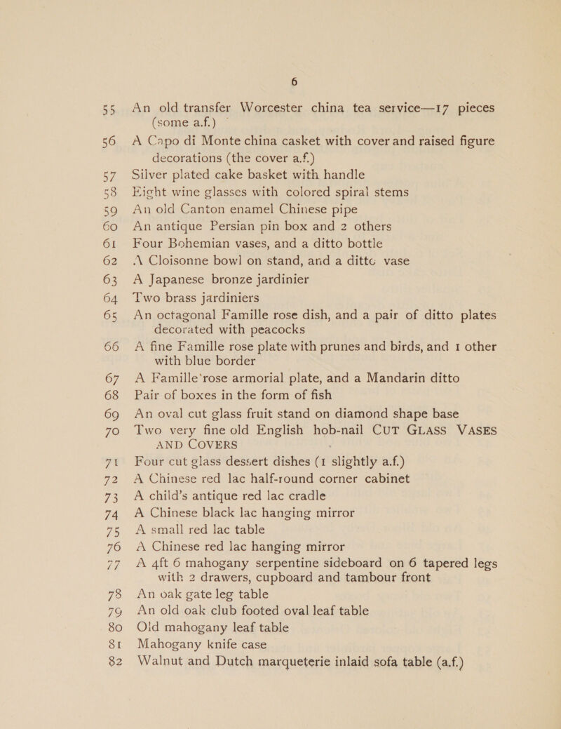 55 56 57 58 59 60 61 62 63 64 65 66 6 An old transfer Worcester china tea service—17 pieces (some at.) © A Capo di Monte china casket with cover and raised figure decorations (the cover a.f.) Silver plated cake basket with handle Kight wine glasses with colored spiral stems An old Canton enamel Chinese pipe An antique Persian pin box and 2 others Four Bohemian vases, and a ditto bottle \ Cloisonne bow! on stand, and a dittc vase A Japanese bronze jardinier Two brass jardiniers An octagonal Famille rose dish, and a pair of ditto plates decorated with peacocks A fine Famille rose plate with prunes and birds, and 1 other with blue border A Famille‘rose armorial plate, and a Mandarin ditto Pair of boxes in the form of fish An oval cut glass fruit stand on diamond shape base Two very fine old English hob-nail CUT GLASS VASES AND COVERS Four cut glass dessert dishes (1 slightly a.f.) A Chinese red lac half-round corner cabinet A child’s antique red lac cradle A Chinese black lac hanging mirror A small red lac table A Chinese red lac hanging mirror A 4ft 6 mahogany serpentine sideboard on 6 tapered legs with 2 drawers, cupboard and tambour front An oak gate leg table An old oak club footed oval leaf table Oid mahogany leaf table Mahogany knife case Walnut and Dutch marqueterie inlaid sofa table (a.f.)