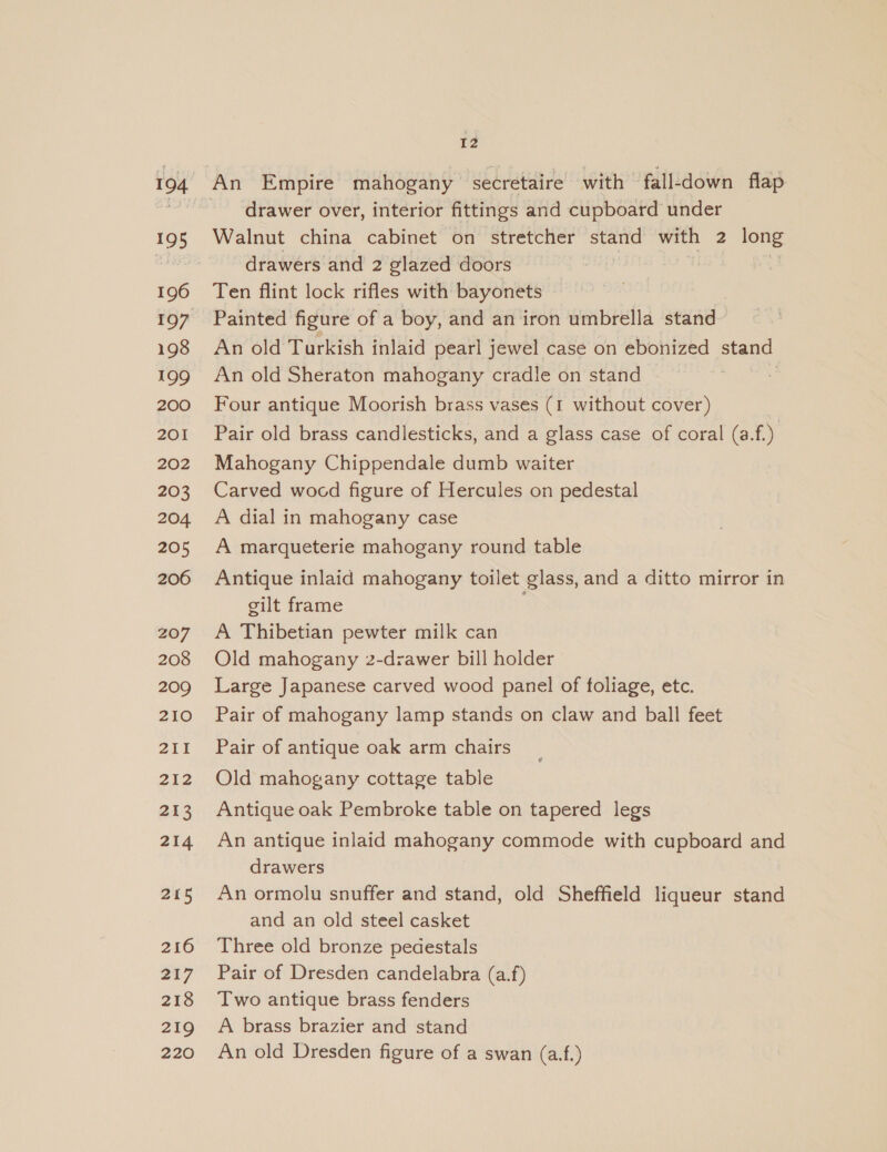 195 196 198 199 200 201 202 203 204 205 206 207 208 209 210 21% 212 213 214 e245 216 217 218 219 220 12 An Empire mahogany secretaire with fall-down flap ‘drawer over, interior fittings and cupboard under Walnut china cabinet on stretcher stand with 2 long drawers and 2 glazed doors ea Ten flint lock rifles with bayonets — Painted figure of a boy, and an iron umbrella stand~ An old Turkish inlaid pearl jewel case on ebonized stand An old Sheraton mahogany cradle on stand Four antique Moorish brass vases (1 without cover) Pair old brass candlesticks, and a glass case of coral (a.f.) Mahogany Chippendale dumb waiter Carved wocd figure of Hercules on pedestal A dial in mahogany case A marqueterie mahogany round table Antique inlaid mahogany toilet glass, and a ditto mirror in gilt frame A Thibetian pewter milk can Old mahogany 2-drawer bill holder Large Japanese carved wood panel of foliage, etc. Pair of mahogany lamp stands on claw and ball feet Pair of antique oak arm chairs Old mahogany cottage table Antique oak Pembroke table on tapered legs An antique inlaid mahogany commode with cupboard and drawers An ormolu snuffer and stand, old Sheffield liqueur stand and an old steel casket Three old bronze pedestals Pair of Dresden candelabra (a.f) Two antique brass fenders A brass brazier and stand An old Dresden figure of a swan (a.f.)