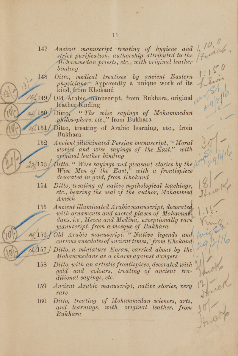 tt 10. ‘ 147 Ancient manuseri ipt -treating of hygiene and , “alle i strict purtfication, authorship attiributrd to the Nee en’ Mohammedan priests, etc., with original leather |       binding ig y \7 148 Ditto, medical treatises’ by ancrent Hastern Ng ie 4 Zoe physicians Apparently a unique work of its J _# sei kind, from Khokand Ay nt : Manuscript, from Bukhara, original Ww Mn Vy inding A 't wn “The wise sayings of Mohammedan | Pp filosophers, etc.,’ from Bukhara ie Ditto, treating. of Arabic learning, etc., from ee Bukhara 3 oe | 152 Ancient alluminated Persian manuscript, ‘* Moral 7) ie — stories and wise sayings of the Hast,” with Wal. L, [ original leather binding he, 4 p | 4 pe 4,153. / Ditto, ‘‘ Wise sayings and pleasant stories s by the J °F Wise Men of the Hast,” with a frontispiece Meee _ decorated in gold, from Khokand / Ve 154 Ditto, treating of native mythological teachings, | D | AKA etc., bearing the seal of the author, Mohammed — Ni ae Ameen % 155 Ancient illuminated Arabic manuscript, decorate \ oll _— with ornaments and sacred places of Mohamm 1: om: dans, i.e, Mecca and Medina, exceptionally rare Y \ eR 4 manuscr ipt, from a mosque of Bukhara : 7) ase Old. Arabic manuscript, ‘ Native legends and. be | Ilo    } ey curious anecdotes of uncient times,” from Khokand, ( 3 oy, “bf 57 / Ditto, a miniature Koran, carried about by the\ “ Te Mohammedans as a charm against dangers if \ nl 158 Ditto, with an artistic frontispiece, decorated with Wl’ os gold and colours, treating of ancient tra- “Va? ditional sayings, ete. ; 159. Ancient Arabic manuscript, native stories, very rare a 160 Ditto, treating a Mohammedan sciences, arts, y and learnings, with original leather, from \0 ° Bukhara , lg eC ee ee ii Ay 4  ‘ }