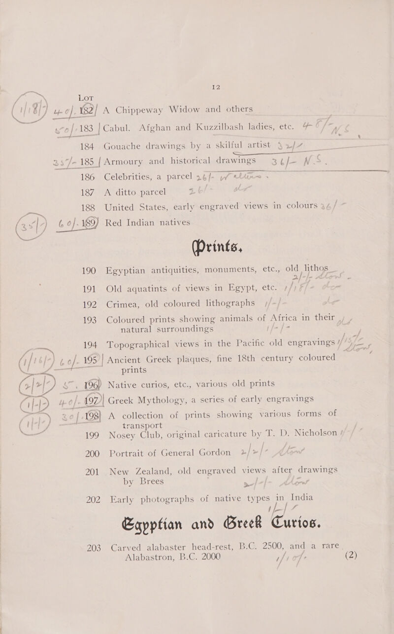  f 3 A collection of prints showing various forms of LOT BF fi 182/ A Chippeway Widow and others ie »/ 183 | Cabul. Afchan andak uzzilbash dies cre. 7 r/. 184. Gouache drawings by a skilful artist 32/7 Pe 35 J-185_| Armoury and historical drawings 3¢/-— NW ay; 186 Celebrities, a parcel 36]- pettirn ~ eo eae 187. A ditto parcel Bes 188 United States, early engraved views in colours 2, (2 id | Red Indian natives ~ ee (Prints, 190 Egyptian antiquities, monuments, etc., old lithos_ 191 Old aquatints of views in Egypt, etc. 192 Crimea, old coloured lithographs 193. Coloured prints showing animals of penis in their natural edie andes ff-}- Oa ARIS 194. Topographical views in the Pacific old engravings yf (/ I) 4 , of 195 | Ancient Greek plaques, fine 18th century coloured YS - prints Gh) S _104} Native curios, etc., various old prints 74 _ 197 )| Greek Mythology, a series of early engravings * ™y transport 199 Nosey Club, original caricature by J D. Nicholson / } 200 Portrait of General Gordon 2 / »/- 201 New Zealand, old engraved views after drawings by Brees a 202 Early photographs of native types India = f / Egyptian and Greek Curios. 703 Carved alabaster head-rest, B.C. 2500, and a rare. Alabastron, B.C. 2000 1/79 04? (2)