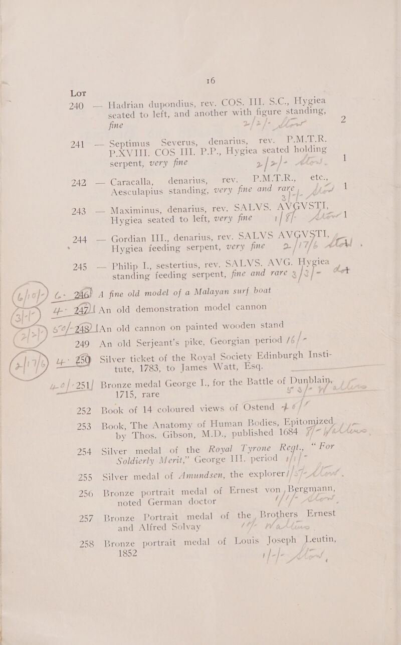 aa Lot 240 — Hadrian dupondius, rev. COS. III. SiGe iebirekes: seated to left, and another with Ree standing, fine 2/3 2A\ = Sepuimuee Severus, denarius, rev. P.M.T.R. Pies GO Seiliaar baat eica Seas Boars serpent, very fine 2 | >/- PAO = iGaracallay s. Octal Uon ener. P.M. an Ry ee 943 — Maximinus, denarius, rev. SALVS. AVGYSTI ae Peron anelilee cd cnat miei oe ae PASS = eR ii pabmsestertiie sv SALYV >. AVG. Hygiea ; standing feeding serpent, fine and rare 2 lel-=- &amp; f ‘C: 2As! A fine old model of a Malayan surf boat — Ht) Le 247)! An old demonstration model cannon a > gin |. “of: ZAR) {An old cannon on painted wooden stand aes, 249 An old Serjeant’s pike, Georgian period /é - 250 Silver ticket of the Royal Society Edinburgh Insti- tute, 1783; 16 James Watt, Esq. 3 / o/ e251) Bronze medal George I., for the Battle of Danblain, aes 1715, fare jo ™ 252 Book of 14 coloured views of Ostend 4 253 Book, The Anatomy of Human Bodies, Epitomized  25 AmeSiver, medal Lormthe Royal Tyrone Regt., “For Soldierly Merit,’ George HI. period 4, 255 Silver medal of Amundsen, the explorer/ ‘5 256 Bronze portrait medal of Ernest ey Bergmann, noted German doctor fal Jo il 257. Bronze Portrait medal of the , Brothers Ernest and Alfred Solvay [te Who 258 Bronze portrait medal of Louis Joseph eatigs 1852 as vs.