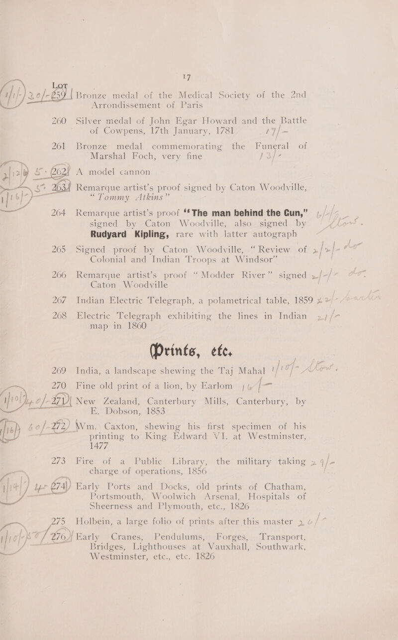 oy, \ Lor ar a 260 261 269 pum 270 “i Arrondissement of Paris Silver medal of John Egar Howard and the Battle or Cowpens, |7th January, 178! 17) - Bronze medal commemorating the Funeral of Marshal Foch, very fine - “Tommy Atkins” Remarque artist’s proof ‘f The man behind the Cun,” signed by Caton Woodville, also signed by Rudyard Kipling, rare with latter autograph Signed. proot by Caton’ Woodville, .“ Review of se : Colonial and Indian Troops at Windsor’ Remarque artist’s proof “ Modder River” signed 3/-/ Caton Woodville . Tadiam Plectric1 elesraph, a polametrical table, 1859 2+ Electric Velegraph exhibiting the lines im Indian map in 1860 (Prints, ete. India, a landscape shewing the Taj Mahal '/' 7} Fine old.prmt ora tien, by Harlom’14 j— f if 4 Saree fis) ef 273 7 | i Dis _— ea f =, Hroy-B 2/7 e764 E. Dobson, 1853 pimtme too king i dward Vlejat Westminster, 1477 Pitre of a [Pophe- Library, the: military ‘taking: > charge of operations, 1856 Early Ports and Docks, old prints of Chatham, Portsmouth, Woolwich Arsenal, Hospitals of Sheerness and Plymouth; etc., 1826 Holbein, 2. laree 10001 prints aiterthis master: > ¢ Barly o Cranes; Pendulume::! Porges:)..Transpert, Bridges, Lighthouses at Vauxhall, Southwark, Westminster, etc., etc. 1826