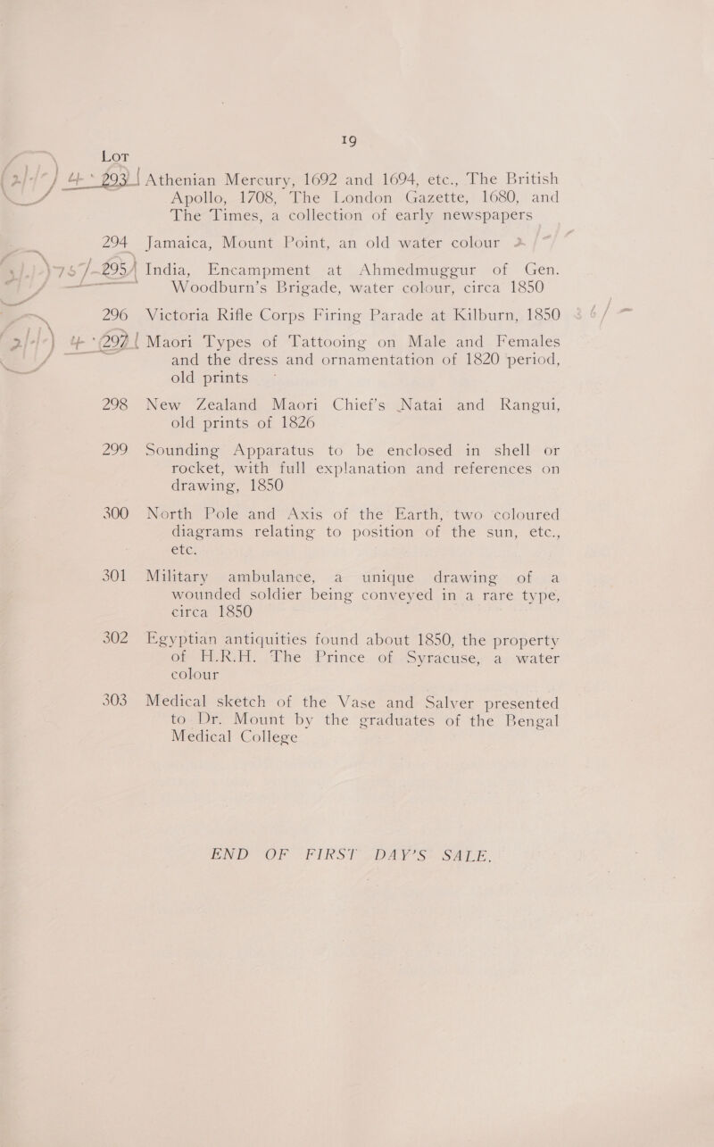 Lor +) 4 fg { Athenian Mercury, 1692 and 1694, etc., The British Apollo, 1708, The London Gazette, 1680, and The Times, a collection of early newspapers 294 Jamaica, Mount Point, an old water colour 5] £95) India, Encampment at Ahmedmuggur of Gen. + Woodburn’s Brigade, water colour, circa’ 1850 296 Victoria Rifle Corps Firing Parade at Kilburn,.1850 °) fe 297 | Maori Types of Tattooing on Male and. Females roe and the dress and ornamentation of 1820 period, old prints 298. New ‘Zealand Maori Chiet’s: Nata and Rang, old prints of 1826 299 Sounding Apparatus to be énclosed in shell» or rocket, with full explanation and references on drawing, 1850 300 North Pole and Axis of the’ Earth, two ‘coloured diagrams relating to position of the sun, etc., Ctc; 301 Military ambulance, a unique drawing of a wounded soldier being conveyed in a rare type, eitca, 1350 302 Egyptian antiquities found about 1850, the property op WLiIGH. (The. Prince, of “Syracuse; a,-:water colour 303 Medical sketch of the Vase and Salver presented to Dr. Mount by the graduates of the Bengal Medical College ENOL TOR ork ST Ae Se Saye