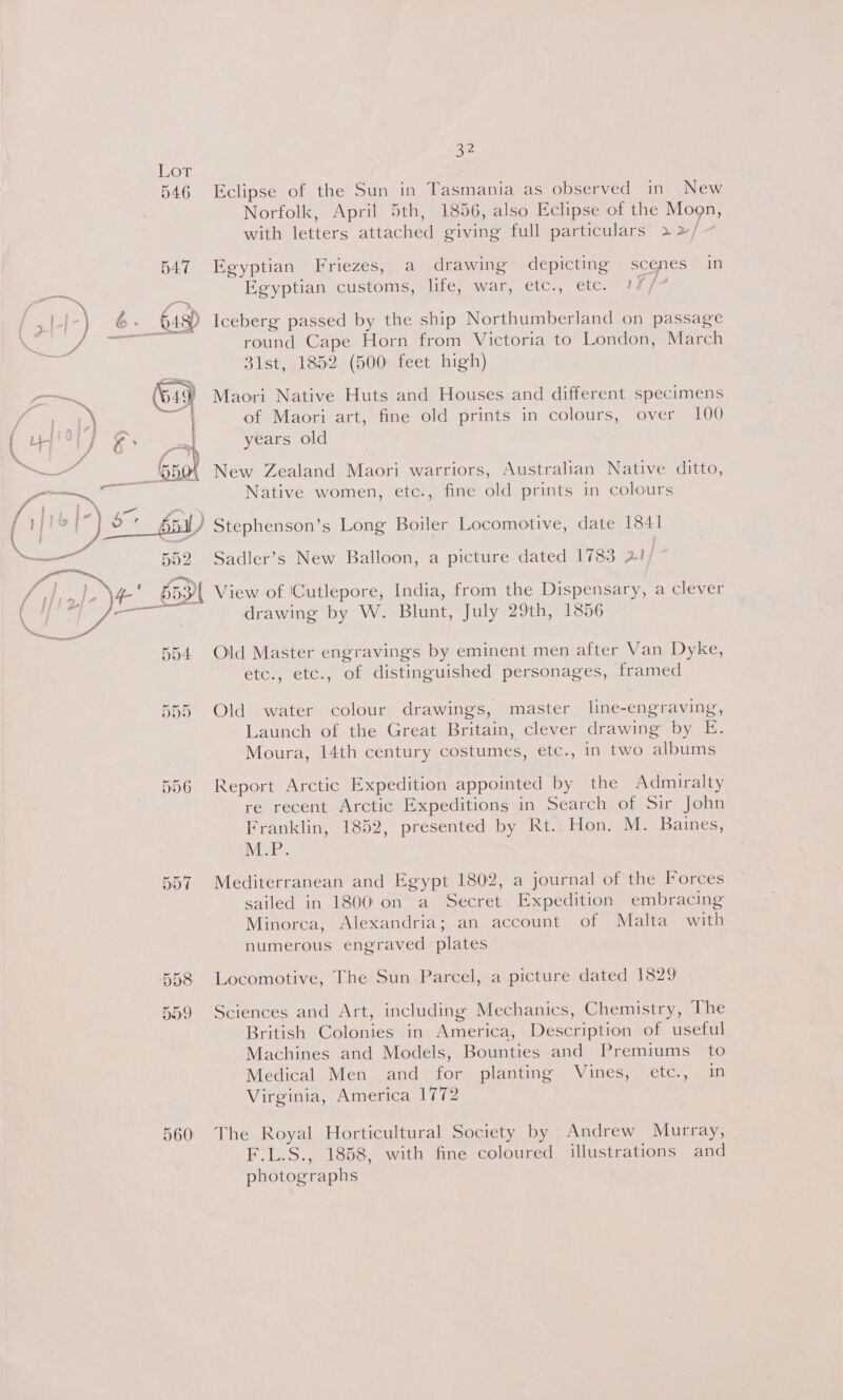 Lot 546 547  ae fife i at f 4 \ fe ae oe eer, 6 frfie tr) | t j y . ais — 5b2 7 — es 4’ BDI f ii } —_— ™ es + 5b4 555 556 557 558 559 560  a2 Eclipse of the Sun in Tasmania as observed in New Norfolk, April 5th, 1856, also Eclipse of the Moon, with letters attached giving full particulars > 2/~ Egyptian Friezes, a drawing depicting scenes in E tian customs, life, war, etc., etc. I%4/- Vy, ) ) ) ) round Cape Horn from Victoria to London, March 31st, 1852 (500 feet high) Maori Native Huts and Houses and different specimens of Maori art, fine old prints in colours, over 100 years old Native women, etc., fine old prints in colours Sadler’s New Balloon, a picture dated 1783 2.!/ View of '‘Cutlepore, India, from the Dispensary, a clever drawing by W. Blunt, July 29th, 1856 Old Master engravings by eminent men after Van Dyke, etc., etc., of distinguished personages, framed Old water colour drawings, master line-engraving, Launch of the Great Britain, clever drawing by E. Moura, 14th century costumes, etc., in two albums Report Arctic Expedition appointed by the Admiralty re recent Arctic Expeditions in Search of Sir John Franklin, 1852, presented by Rt. Hon. M. Baines, MOP. Mediterranean and Egypt 1802, a journal of the Forces sailed in 1800 on a Secret Expedition embracing Minorca, Alexandria; an account of Malta with numerous engraved plates Locomotive, The Sun Parcel, a picture dated 1829 Sciences and Art, including Mechanics, Chemistry, The British Colonies in America, Description of useful Machines and Models, Bounties and Premiums to Medical Men and for planting Vines, etc., in Virginia, America 1772 The Royal Horticultural Society by Andrew Murray, F.L.S., 1858, with fine coloured illustrations and photographs