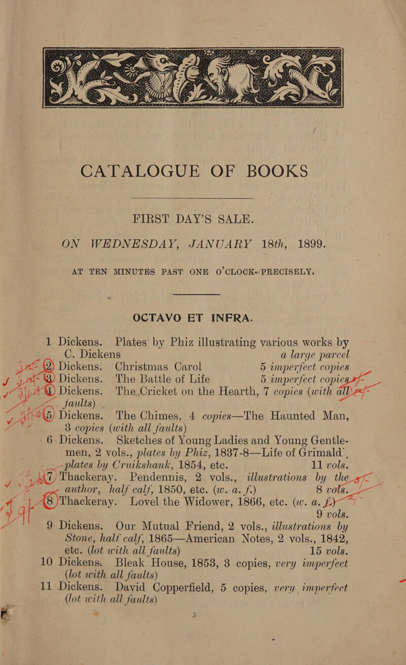   FIRST DAY’S SALE. ON WEDNESDAY, JANUARY 18th, 1899. AT TEN MINUTES PAST ONE 0’CLOCK-:PRECISELY. OCTAVO ET INFRA. 1 Dickens. Plates: by Phiz bane various works by   C. Dickens a large parcel Dickens. Christmas Carol 5 anuperfect copres Dickens. The Battle of Life 5 umperfect copie Dickens. The Cricket on the Hearth, 7 copies (with all 4 aa jaults) 5) Dickens. The Chimes, 4 copies—The Haunted Man, 3 coptes (with all faults) -6 Dickens. Sketches of Young Ladies and Young Gentle- men, 2 vols., plates by Phiz, 18837-8—Life of Grimald_ , __-plates by Cr uikshank, 1854, ‘etc. 11 vols. 7 Ok KD Thackeray. Pendennis, 2 vols., illustrations by MoS \ author, half calf, 1850, etc. (w. a. f.) 8 vu ea i 4 enn! Lovel the Widower, 1866, etc. (w.a.f) 7  9 vols. 9 Dickens. Our Mutual Friend, 2 vols., illustrations by Stone, half calf, 1865—American. Notes, 2 vols., 1842, etc. (lot with all faults) . 15 vols. 10 Dickens. Bleak House, 1858, 3 copies, very imperfect (lot with all faults) 11 Dickens. David Copperfield, 5 copies, very imperfect (lot with all faults)
