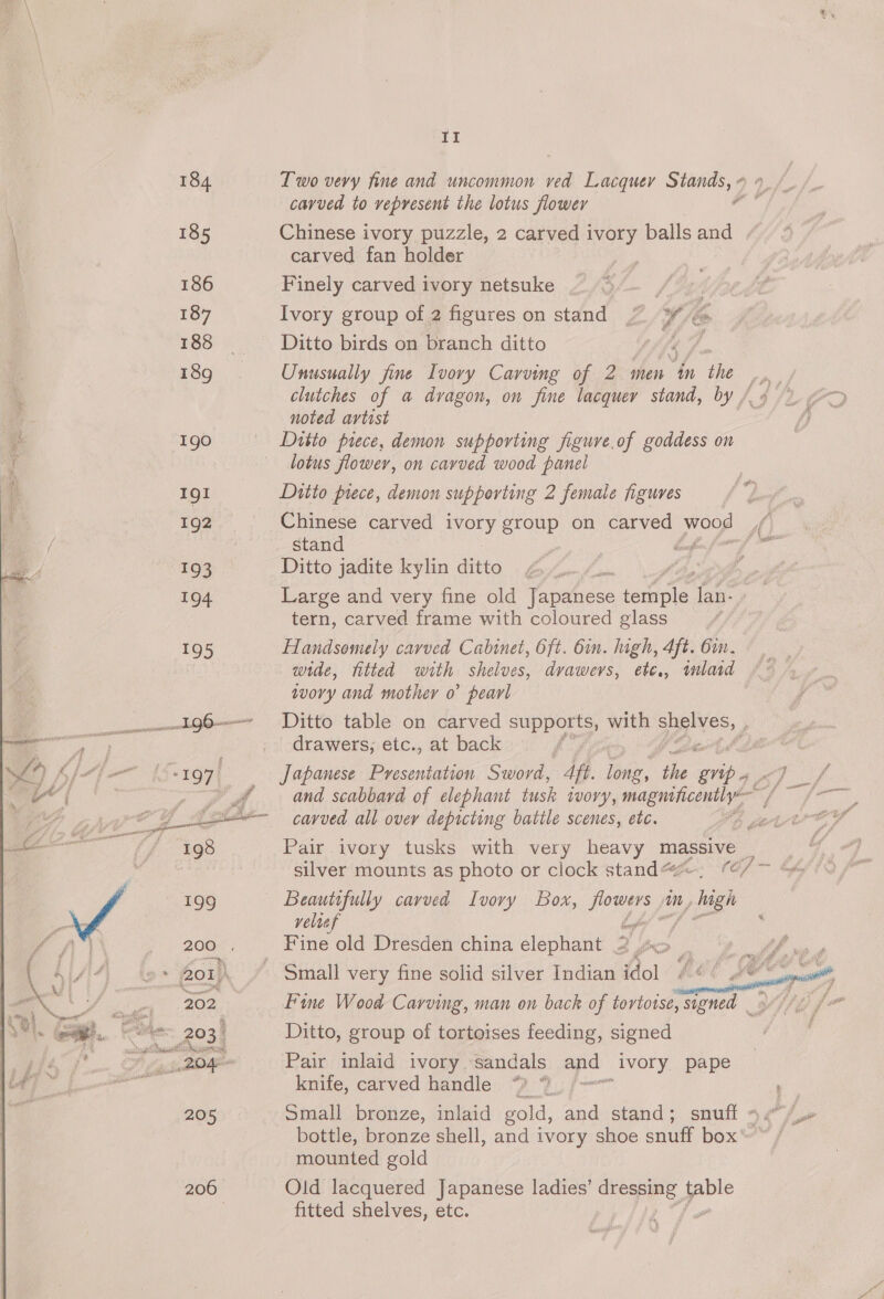 188 Igo IgI 192 193 194 195  206 II Two very fine and uncommon ved Lacquer aa ”, cavued to vepresent the lotus flower og Chinese ivory puzzle, 2 carved ivory balls and carved fan holder Finely carved ivory netsuke } | Ivory group of 2 figures on stand ” , e Ditto birds on branch ditto Wd Unusually fine Ivory Carving of 2 men “in the ye clutches of a dvagon, on fine lacquer stand, by /.¢ ) ox noted artist /, lotus flower, on cavved wood panel Ditto prece, demon supperting 2 female figures Chinese carved ivory group on carved oe A stand Lf fof Ditto jadite kylin ditto | Large and very fine old Peace teriple stds tern, carved frame with coloured glass | Handsomely carved Cabinet, 6ft. 6in. high, 4ft. 6m. wide, titted with aes dvawevs, ¢eté., inlard wory and mother o° pearl Ditto table on carved supports, with ay ; drawers; etc., at back f jor Japanese Presentation Sword, ft. long, He wee { and scabbard of elephant tusk 1wvovy, magnificently FAO deo cavved all over depicting battle scenes, etc. ttre Pair ivory tusks with very heavy massive : silver mounts as photo or clock stand@@-; (¢/~ velvet Small very fine solid silver Indian idol / ¢ / De ” wt, Fine Wood Carving, man on back of tortotse, signed i lig feo Ditto, group of tortoises feeding, signed Pair inlaid ivory sandals ie _ivory. pape knife, carved handle *? “*. Small bronze, inlaid gold, and stand; snuff - ot. bottle, bronze shell, and ivory shoe snuff box’ mounted gold Old lacquered Japanese ladies’ dressing pole fitted shelves, etc.   
