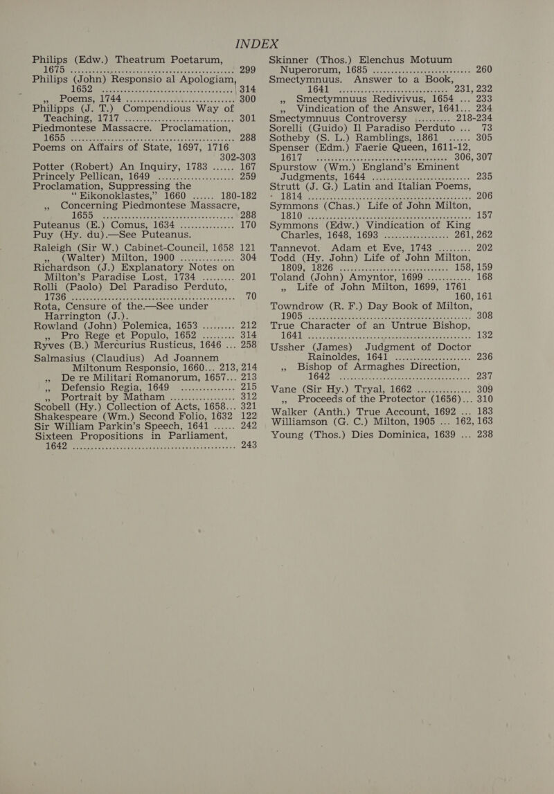 Philips (Edw.) Theatrum Poetarum, 1675 RON eCR EMER Ge CreS ee rdea eed ie wl cocccuawee 299 Philips ies vat Responsio al are | &amp; Péetne, pce ie | Sipe es 300 Philipps ap T.) Compendious Way of RTI LGN) che Was vo suldivouass dees ciceeses 301 Piedmontese Massacre. Proclamation, eS R TT atu ba boars when cvuick deasav cod Poems on Affairs of State, 1697, 1716 302-303 Potter (Robert) An Inquiry, 1783 ...... 167 meencery POUCA, 15404. oii eek e rece a nes 259 Proclamation, Suppressing the ‘** Hikonoklastes,” 1660 ...... 180-182 ,» Concerning Piedmontese Massacre, iChi We oe 4 led a as ele a 288 Purednus Ut.) COmuUs, 1634 ......0.c0ss-s 170 Puy (Hy. du).—See Puteanus. Raleigh (Sir W.) Cabinet-Council, 1658 121 eet Weer) Milton; 1900 ..........55+6 304 Richardson (J.) Explanatory Notes on Milton’s Paradise Lost, 1734 ......... 201 Rolli (Paolo) Del Paradiso Perduto, ee Leese ehadeneesésepsects Rota, Censure of the—See under Harrington (J.). Rowland (John) Polemica, 1653 ......... 212 » Fro Rege et Populo, 1652 ......... 314 Ryves (B.) Mercurius Rusticus, 1646 ... 258 Salmasius (Claudius) Ad Joannem Miltonum Responsio, 1660... 213, 214 » De re Militari Romanorum, 1657... 213 er Detensio Kegia, 1649. -..6..cc0.0i4.... a Pee POriralt OY WaAtany 6 ali sacs teen ees. ale Scobell (Hy.) Collection of Acts, 1658... 321 Shakespeare (Wm.) Second Folio, 1632 122 Sir William Parkin’s Speech, 1641 tee. 242 Sixteen Propositions in Parliament, HOS il Se Sheth Te ts 8 oe ee ee 243 Skinner (Thos.) Elenchus Motuum INUDETOLUTH. OL 665 coc fe 2 aoc eee eines oss «ss 260 Smectymnuus. Answer to a Book, TGA Pees oo eee ree o1120e » smectymnuus Redivivus, 1654 ... 233 » Windication of the Answer, 1641... 234 Smectymnuus Controversy .......... 218-234 Sorelli (Guido) Il Paradiso Perduto ... 73 Sotheby (S. L.) Ramblings, 1861 ...... Spenser (Edm.) Faerie Queen, 1611-12, 1617 306, 307 Spurstow (Wm.) England’s Eminent JUGPMEentS LGI4 ye errr ates owas Strutt (J. G.) Latin and Italian Poems, - 1814 206 CeCe eee eee Oe ee eer eeeee EE eee EHH EEE er ee | PMR eee Rn (Ye! A 157 Symmons (Edw.) Vindication of King Charles, 1648, 1693 261, 262 Tannevot. Adam et Eve, 1743 202 Todd (Hy. John) Life of John Milton, 1809, 1826 158, 159 Toland (John) Amyntor, 1699 ............ » Life of John Milton, 1699, 1761 160, 161 Towndrow (R. F.) Day Book of Milton, 1908 sR eos eee eee eas 308 True Character of an Untrue Bishop, 1641 ee ee ey ee eee eeeees Ussher (James) Judgment of Doctor Rainoldes, 71641 cae eee ete: 236 » Bishop of Armaghes Direction, 16425 fin Ros) areata 8. ZO Vane. (SimHy.)/Tryaleicca cei: «: 309 » Proceeds of the Protector (1656)... 310 Walker (Anth.) True Account, 1692 ... 183 Williamson (G. C.) Milton, 1905 ... 162, 163 Young (Thos.) Dies Dominica, 1639 ... 238