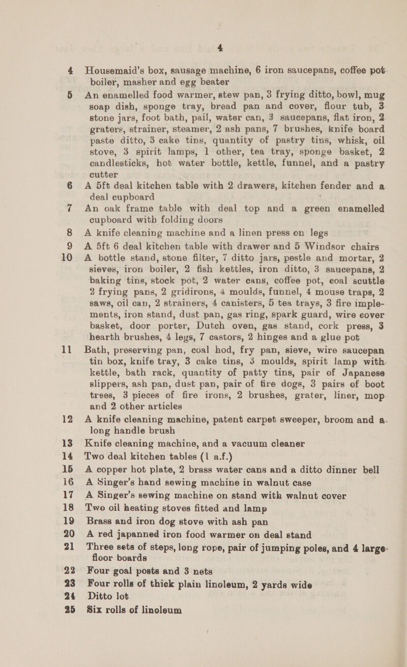 11 12 13 14 15 16 17 18 19 20 21 22 23 24 25 4 Housemaid’s box, sausage machine, 6 iron saucepans, coffee pot: boiler, masher and egg beater An enamelled food warmer, stew pan, 3 frying ditto, bowl, mug soap dish, sponge tray, bread pan and cover, flour tub, 3 stone jars, foot bath, pail, water can, 3 saueepans, flat iron, 2. gratere, strainer, steamer, 2 ash pans, 7 brushes, knife board paste ditto, 3 cake tins, quantity of pastry tins, whisk, oil stove, 3 spirit lamps, 1 other, tea tray, sponge basket, 2 candlesticks, hot water bottle, kettle, funnel, and a pastry cutter A 5ft deal kitchen table with 2 drawers, kitchen fender and a deal cupboard An oak frame table with deal top and a green enamelled cupboard witb folding doors A knife cleaning machine and a linen press en legs A 5ft 6 deal kitchen table with drawer and 5 Windsor chairs A bottle stand, stone filter, 7 ditto jars, pestle and mortar, 2 sieves, iron boiler, 2 fish kettles, iron ditto, 3 saueepans, 2 baking tins, stock pot, 2 water cans, coffee pot, eoal scuttle- 2 frying pans, 2 gridirons, 4 moulds, funnel, 4 mouse traps, 2 saws, oil can, 2 strainers, 4 canisters, 5 tea trays, 3 fire imple- ments, iron stand, dust pan, gas ring, spark guard, wire eover basket, door porter, Dutch oven, gas stand, cork press, 3 hearth brushes, 4 legs, 7 castors, 2 hinges and a glue pot Bath, preserving pan, coal hod, fry pan, sieve, wire saucepan tin box, knife tray, 3 cake tins, 3 moulds, spirit lamp with: kettle, bath rack, quantity of patty tins, pair of Japanese slippers, ash pan, dust pan, pair of fire dogs, 3 pairs ef boot trees, 3 pieces of fire irons, 2 brushes, grater, liner, mop and 2 other articles A knife cleaning machine, patent carpet sweeper, broom and a. long handle brush Knife cleaning machine, and a vacuum cleaner Two deal kitchen tables (1 a.f.) A copper hot plate, 2 brass water cans and a ditto dinner bell A Singer’s hand sewing machine in walnut case A Singer’s sewing machine on stand with walnut cover Two oil heating stoves fitted and lamp Brass and iron dog stove with ash pan A red japanned iron food warmer on deal stand Three sets of steps, long rope, pair of jumping poles, and 4 large: floor boards Four goal posts and 3 nets Four rolls of thick plain linoleum, 2 yards wide Ditto lot Bix rolls of linoleum