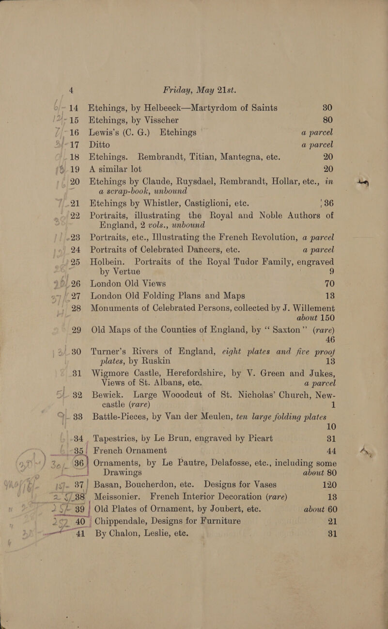 Etchings, by Helbeeck—Martyrdom of Saints 30 Etchings, by Visscher 80 Lewis’s (C.G.) Htchings a parcel Ditto a parcel Ktchings. Rembrandt, Titian, Mantegna, etc. 20 A similar lot 20 Etchings by Claude, Ruysdael, Rembrandt, Hollar, etc., in a scrap-book, unbound Ktchings by Whistler, Castiglioni, etc. 36 Portraits, illustrating the Royal and Noble Authors of England, 2 vols., unbound Portraits, etc., Illustrating the French Revolution, a parcel Portraits of Celebrated Dancers, etc. a parcel Holbein. Portraits of the Royal Tudor Family, meee by Vertue London Old Views i London Old Folding Plans and Maps 138 Monuments of Celebrated Persons, collected by J. Willement about 150 Old Maps of the Counties at England, iy ‘‘ Saxton” (rare) 46 Turner’s Rivers of ea eight plates and five proof plates, by Ruskin 1 Wigmore Castle, Herefordshire, by V. Green and Jukes, Views of St. Albans, etc. a parcel Bewick. Large Wooodcut of St. Nicholas’ Church, New- castle (rare) 1 ‘38 Battle-Pieces, by Van der Meulen, ten large folding plates 34 Tapestries, by Le Brun, engraved by Picart 31 i 35 | French Ornament det z,,, 86} Ornaments, by Le Pautre, Delafosse, etc., including some i...__+ Drawings about 80 sje 87] | Basan, Boucherdon, etc. Designs for Vases 120 1 a 38 Meissonier. French Interior Decoration (rare) 13 a Li 2 39 ) | Old Plates of Ornament, by Joubert, etc. about 60 307 4 40 Chippendale, Designs for Furniture al meet | By Chalon, Leslie, ete. | 31 Ay. »y