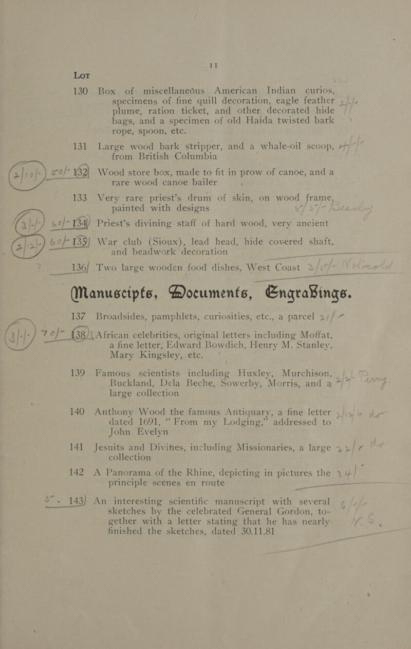 OT 130 Box of miscellanedus| American Indian curios, specimens of fine quill decoration, eagle feather ; plume, ration ticket, and other decorated hide bags, and a specimen of old Haida twisted bark rope, spoon, etc. 131 Large wood bark stripper, and a whale-oil scoop, +P from British Columbia sol 162 Wood store box, made to fit in prow of canoe, anda rare wood canoe bailer  133 Very rare priest’s drum of skin, on wood frame, painted with designs fe.) Q0/ 134) Priest’s divining staff of hard wood, very ancient bo /- (35) War club (Sioux), lead head, hide covered shaft, 7 and beadwork: decoration Steet Sees —— ~  136/ Two large wooden food dishes, West Coast a es Manuscipts, Hocuments, “Enarasings. 137. Broadsides, pamphlets, curiosities, etc., a parcel 2//7 x! 70) Gs) (African celebrities, original letters including Moffat, a fine letter, Edvard Bowdich, Henry M. Stanley, Mary Kingsley, etc.  139 Famous scientists including Huxley, Murchison, Buckland, Dela Beche, Sowerby, Morris, and a large collection 140 Anthony Wood the famous Antiquary, a fine letter dated 1691, “ From my Lodging,’ addressed to John Evelyn 141 Jesuits and Divites, including Missionaries, a large 7 », collection 142 A Panorama of the Rhine, depicting in pictures the uw} principle scenes en route praen2 SS —_—_— ia S* 143) An interesting scientific manuscript with several &lt;&lt; goa sketches by the celebrated General Gordon, to- gether with a letter stating that he has nearly- finished the sketches, dated 30.11.81