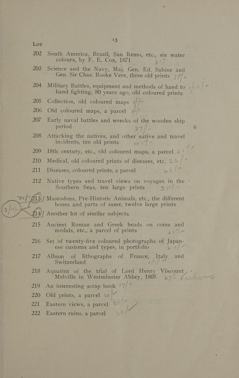   15 South America, Brazil, San Remo, étec:, SIX water colours, by F. E, Cox, 1871 7 Science and the Navy, Maj. Gen. Ed. Sabine and | Gen. Sir Chas. Booke Vere, three old prints 27/- Military Battles, equipment and methods of cere to / hand fighting, 80 years ago, old coloured prints Collection, old coloured maps iH|- Old coloured maps, a parcel //-/ Early naval battles and wrecks of the wooden ship period 27/ Attacking the natives, and other native and travel incidents, ten old prints 18th century, etc., old coloured maps, a parcel - Medical, old coloured prints of diseases, etc. Diseases, coloured prints, a parcel 7 Native types and travel views on voyages in, the Southern Seas, ten large prints 6 99 bones and re of same, twelve large prints Ancient Roman and Greek heads on coins and medals, etc., a parcel of prints »o7/— Set of twenty-five coloured photographs of Japan- ese customs and types, in portfolio > Album of lithographs of France, Italy and Switzerland 07 ten Aquatint of the trial of Lord Henry Viscount Melville in Westminster Abbey, 1805 | ; pee is An interesting scrap book /7// : | / Old prints, a parcel sv /% Eastern views, a parcel “ OA Eastern ruins, a parcel