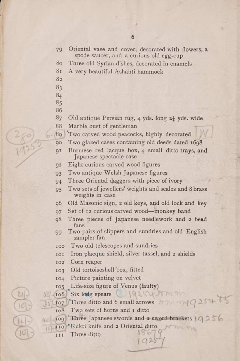g2 93 94 95 96 Q7 98 29 100 IOI 102 103 104 105 106, 108 109 | 110) Dud 6 Oriental vase and cover, decorated with flowers, a spode saucer, and a curious old egg-cup Three old Syrian dishes, decorated in enamels A very beautiful Ashanti hammock Old antique Persian rug, 4 yds. long at yds. wide Marble bust of gentleman 4 Two glazed cases containing old deeds dated 1698 Burmese red lacque box, 4 small ditto trays, and Japanese spectacle case Eight curious carved wood figures Two antique Welsh Japanese figures Three Oriental daggers with piece of ivory Two sets of jewellers’ weights and scales and 8 brass © weights in case Old Masonic sign, 2 old keys, and old lock and key Set of 12 curious carved wood—monkey band Three pieces of Japanese needlework and 2 bead fans Two pairs of slippers and sundries and old English sampler fan Two old telescopes and sundries Iron placque shield, silver tassel, and 2 shields Corn reaper Old tortoiseshell box, fitted Picture painting on velvet _ Lile- -size figure of Venus gar? Six lodg spears | “Three ditto and 6 small arrows iO es Two sets of horns and 1 ditto ! A Kukri knife and 2 Oriental ditto Three ditto . ih