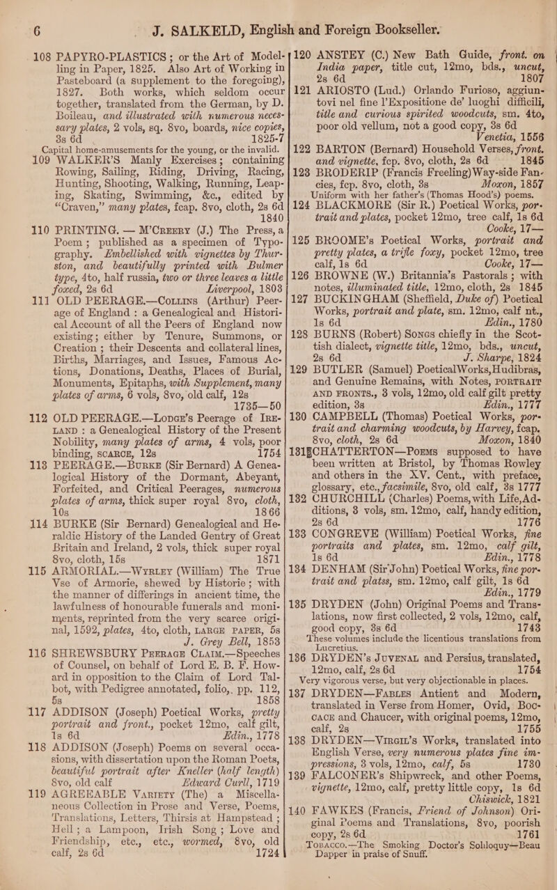 108 PAPYRO-PLASTICS ; or the Art of Model- ling in Paper, 1825. Also Art of Working in Pasteboard (a supplement to the foregoing), 1827. Both works, which seldom occur together, translated from the German, by D. Boileau, and illustrated with numerous neces- sary plates, 2 vols, sq. 8vo, boards, nice copies, 386d . 1825-7 Capital home-amusements for the young, or the invalid. 109 WALKER’S Manly Exercises; containing Rowing, Sailing, Riding, Driving, Racing, Hunting, Shooting, Walking, Running, Leap- ing, Skating, Swimming, &amp;c., edited by “Craven,” many plates, fcap. 8vo, cloth, 2s ed 1840 110 PRINTING. — M’Creery (J.) The Press, a Poem; published as a specimen of Typo- graphy. Hmbellished with vignettes by Thur- ston, and beautifully printed with Bulmer type, 4to, half russia, two or three leaves a little foued, 2s 6d Liverpool, 18038 111 OLD PEERAGE.—Cotiims (Arthur) Peer- age of England : a Genealogical and Histori- cal Account of all the Peers of England now existing; either by Tenure, Summons, or Creation ; their Descents and collateral lines, Births, Marriages, and Issues, Famous Ac- tions, Donations, Deaths, Places of Burial, Monuments, Epitaphs, with Supplement, many 1735—50 112 OLD PEERAGE.—Loper’s Peerage of IRz- LAND : a Genealogical History of the Present Nobility, many plates of arms, 4 vols, poor binding, scaRoz, 12s 1754 113 PEERAGE.—Borxs (Sir Bernard) A Genea- logical History of the Dormant, Abeyant, Forfeited, and Critical Peerages, numerous plates of arms, thick super royal 8vo, cloth, 10s 18 66 raldic History of the Landed Gentry of Great Britain and Ireland, 2 vols, thick super royal 8vo, cloth, 15s 1871 ARMORIAL.—Wyar ey (William) The True Vse of Armorie, shewed by Historie ; with the manner of differings in ancient time, the lawfulness of honourable funerals and moni- ments, reprinted from the very scarce origi- nal, 1592, plates, 4to, cloth, LARGE PAPER, 5s J. Grey Bell, 1853 SHREWSBURY Prrrace CLaim.—Speeches of Counsel, on behalf of Lord E. B. F. How- ard in opposition to the Claim of Lord Tal- bot, with Pedigree annotated, folio, pp. 112, 5s 1858 ADDISON (Joseph) Poetical Works, pretty portrait and front., pocket 12mo, calf gilt, ls 6d Edin., 1778 ADDISON (Joseph) Poems on several occa- sions, with dissertation upon the Roman Poets, beautiful portrait after Kneller (half length) 8vo, old calf Eduard Curll, 1719 AGREEABLE Varrety (The) a Miscella- neous Collection in Prose and Verse, Poems, Translations, Letters, Thirsis at Hampstead ; Hell; a Lampoon, Irish Song; Love and Friendship, etc., etc., wormed, 8vo, old calf, 28 6d 1724 115 116 117 118 119 120 ANSTEY (C.) New Bath Guide, front. on India paper, title cut, 12mo, bds., uncut, 121 ARIOSTO (Lud.) Orlando Furioso, aggiun- tovi nel fine l’Expositione de’ luoghi difficili, title and curious spirited woodcuts, sm. 4to, poor old vellum, not a good copy, 3s 6d Venetia, 1556 122 BARTON (Bernard) Household Verses, front. and vignette, fep. 8vo, cloth, 2s 6d 1845 123 BRODERIP (Francis Freeling) Way-side Fan- cies, fep. 8vo, cloth, 3s Moxon, i857 Uniform with her father’s (Thomas Hood’s) poems. 124 BLACKMORE (Sir R.) Poetical Works, por: trait and plates, pocket 12mo, tree calf, 1s 6d Cooke, 17— 125 BROQOME’s Poetical Works, portrait and pretty plates, a trifle foxy, pocket 12mo, tree calf, 1s 6d Cooke, 17— 126 BROWNE (W.) Britannia’s Pastorals ; with notes, wlluminated title, 12mo, cloth, 2s 1845 127 BUCKINGHAM (Sheffield, Duke of) Poetical Works, portrait and plate, sm. 12mo, calf nt., 1s 6d Lidin., 1780 BURNS (Robert) Sones chiefly in the Scot- tish dialect, vignette title, 12mo, bds., uncut, 2s 6d J. Sharpe, 1824 BUTLER (Samuel) PoeticalWorks, Hudibras, and Genuine Remains, with Notes, PORTRAIT edition, 3s Edin., 1777 CAMPBELL (Thomas) Poetical Works, por- trait and charming woodcuts, by Harvey, fcap. 8vo, cloth, 28 6d Moxon, 1840 131ZCHATTERTON—Porms supposed to have been written at Bristol, by Thomas Rowley and others in the XV. Cent., with preface, glossary, etc., facsimile, 8vo, old calf, 38 1777 182 CHURCHILL (Charles) Poems, with Life,Ad- ditions, 3 vols, sm. 12mo, calf, handy edition, 2s 6d 1776 183 CONGREVE (William) Poetical Works, jine portraits and plates, sm. 12mo, calf gilt, 1s 6d Edin., 1778 134 DENHAM (SirJohn) Poetical Works, fine por. trait and platss, sm. 12mo, calf gilt, 1s 6d Edin., 1779 185 DRYDEN (John) Original Poems and Trans- lations, now first collected, 2 vols, 12mo, calf, 128 129 130 good copy, 3s 6d 1743 These volumes include the licentious translations from Lucretius. 186 DRYDEN’s Juvenat and Persius, translated, 12mo, calf, 2s 6d 1754 Very vigorous verse, but very objectionable in places. 137 DRYDEN—Fasies Antient and Modern, translated in Verse from Homer, Ovid, Boc- cacE and Chaucer, with original poems, 12mo, calf, 2s 1755 1388 DRYDEN—Vriraitt’s Works, translated into English Verse, very numerous plates fine im- pressions, 3 vols, 12mo, calf, 5s 1730 139 FALCONER’s Shipwreck, and other Poems, _ vignette, 12mo, calf, pretty little copy, 1s 6d Chiswick, 1821 140 FAWKES (Francis, Friend of Johnson) Ori- ginal Poems and Translations, 8vo, poorish copy, 2s 6d 1761 Tosacco.—The Smoking Doctor’s Solloquy—Beau Dapper in praise of Snuff, )