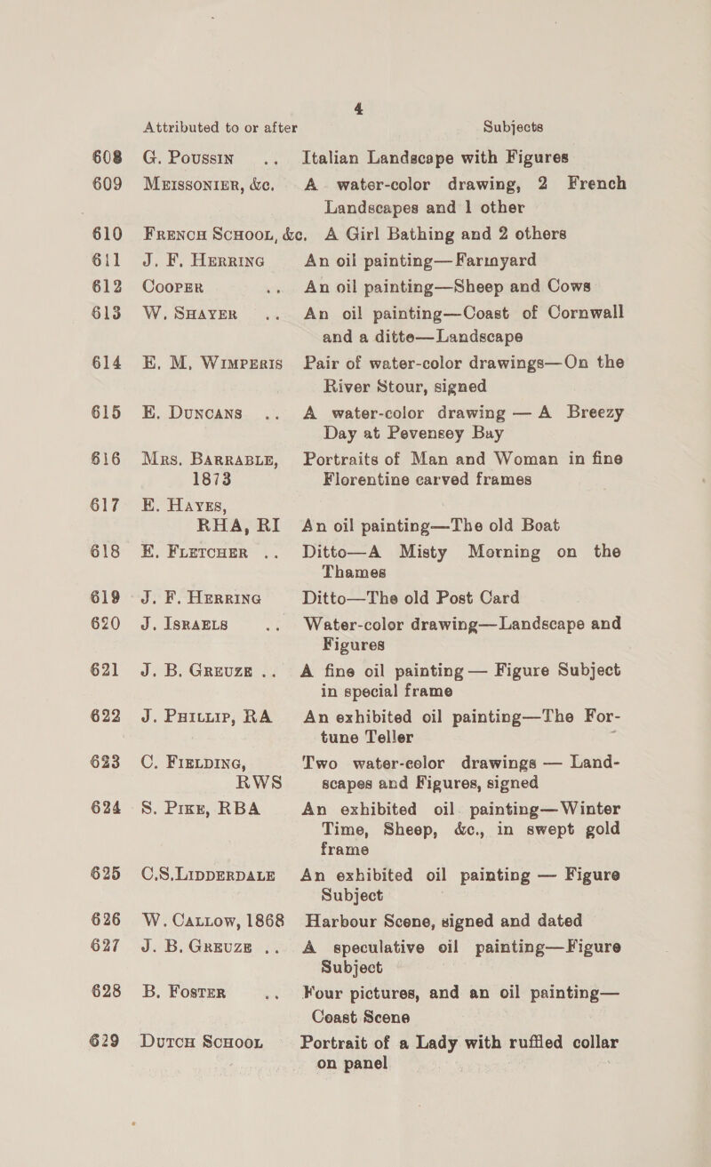 Attributed to or after Subjects 608 G. Poussin .. Italian Landscape with Figures 609 Murtssonigr, cc. A water-color drawing, 2 French Landscapes and | other 610 Frencos Scuoon, &amp;c, A Girl Bathing and 2 others 611 J. F. Herrine An oil painting— Farinyard 612 CoopPER .. An oil painting—Sheep and Cows 613 W.SHayer .. An oil painting—Coast of Cornwall and a ditte— Landscape 614 EH. M, Wimreais Pair of water-color drawings—On the River Stour, signed 615 E. Duncans .. A water-color drawing — A Breezy Day at Pevensey Bay 616 Mrs. BarraBie, Portraits of Man and Woman in fine 1873 Florentine carved frames 617 E. Hayes, RHA, RI An oil painting—The old Boat 618 E, Frercuer .. Ditto—A Misty Morning on the Thames 619 J. F. Herrine Ditto—The old Post Card 620 J. IsrakE.s .. Water-color drawing—Landscape and Figures 621 J.B.Grevze .. A fine oil painting — Figure Subject in special frame 622 J. Puivuir, RA An exhibited oil painting—The For- tune Teller 623 OC. FIELpIne, Two water-color drawings — Land- RWS scapes and Figures, signed 624 8S. Prez, RBA An exhibited oil painting— Winter Time, Sheep, &amp;., in swept gold frame 625 C.S.LipperpaLtE An exhibited oil painting — Figure Subject 626 W.Cattow, 1868 Harbour Scene, signed and dated 627 J.B.Greuze .. A speculative oil painting—Figure Subject 628 3B. Foster .. Four pictures, and an oil painting— Ceast Scene 629 DutcH ScHooL Portrait of a Lady with ruffled oe : on panel
