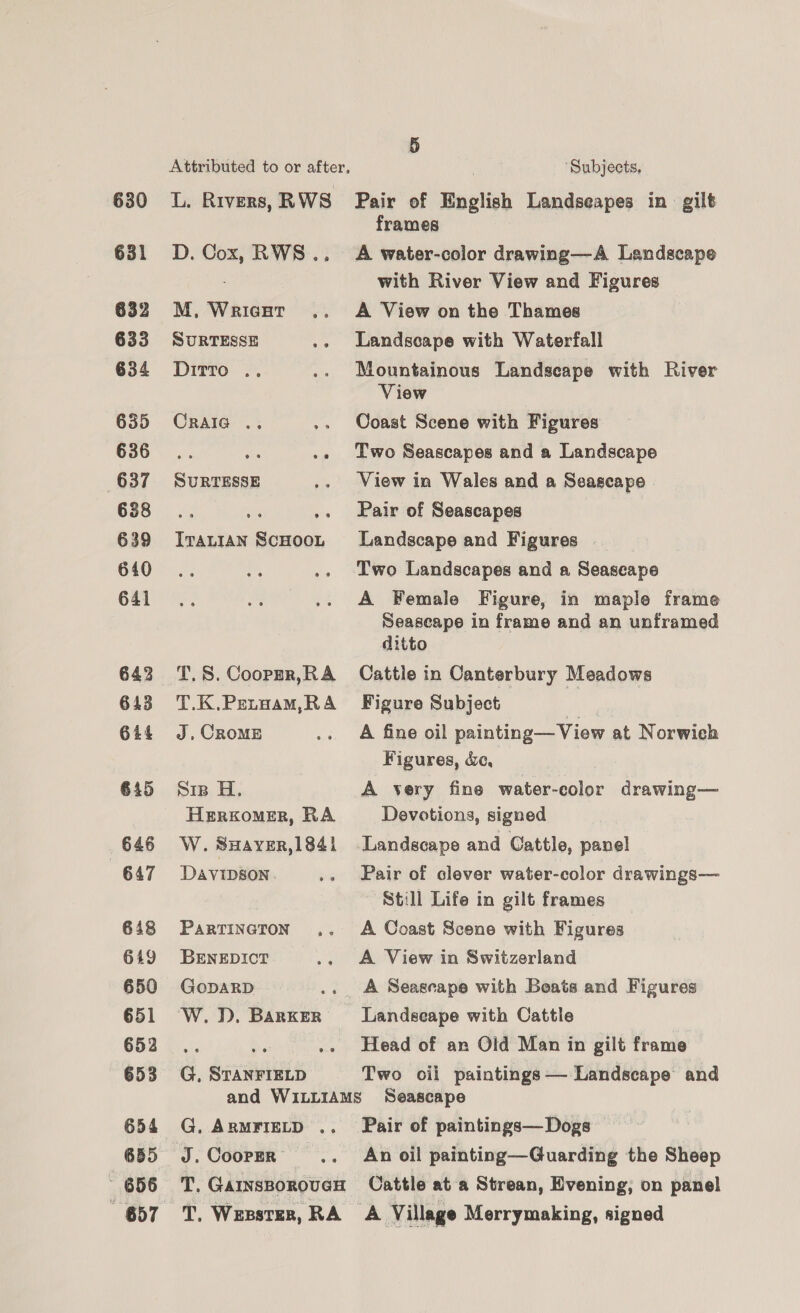 630 631 632 633 634 635 636 637 638 639 640 641 642 643 644 645 646 647 648 649 650 651 652 653 654 685 656 Attributed to or after, L. Rivers, RWS D. Cox, RWS... M, WRIGHT .,. SURTESSE Dirro .. CRAIG ., SURTESSE ITALIAN SCHOOL T.S. Coopmr,RA T.K,.Petaam,RA J, CROME Sis H. Herxomer, RA W. Ssayver, 184i DAVIDSON | PAaRTINGTON ,. BENEDICT GoDARD W. D. BARKER G, STANFIELD ‘Subjects, Pair of English Landseapes in gilt frames A water-color drawing—A Landscape with River View and Figures A View on the Thames Landscape with Waterfall Mountainous Landscape with River View Coast Scene with Figures Two Seascapes and a Landscape View in Wales and a Seascape » Pair of Seascapes Landscape and Figures | Two Landscapes and a Seaseape A Female Figure, in maple frame Seascape in frame and an unframed ditto Cattle in Canterbury Meadows Figure Subject | A fine oil painting— View at Norwich Figures, dc, A very fine water-color drawing— Devotions, signed Landscape and Cattle, panel Pair of clever water-color drawings— Still Life in gilt frames A Coast Scene with Figures A View in Switzerland A Seascape with Beats and Figures Landseape with Cattle Head of an Old Man in gilt frame Two oil paintings — Landscape and G, ARMFIELD .. 7. GAINSBOROUGH T. WesstEeR, RA Pair of paintings—Dogs An oil painting—Guarding the Sheep Cattle at a Strean, Evening, on panel