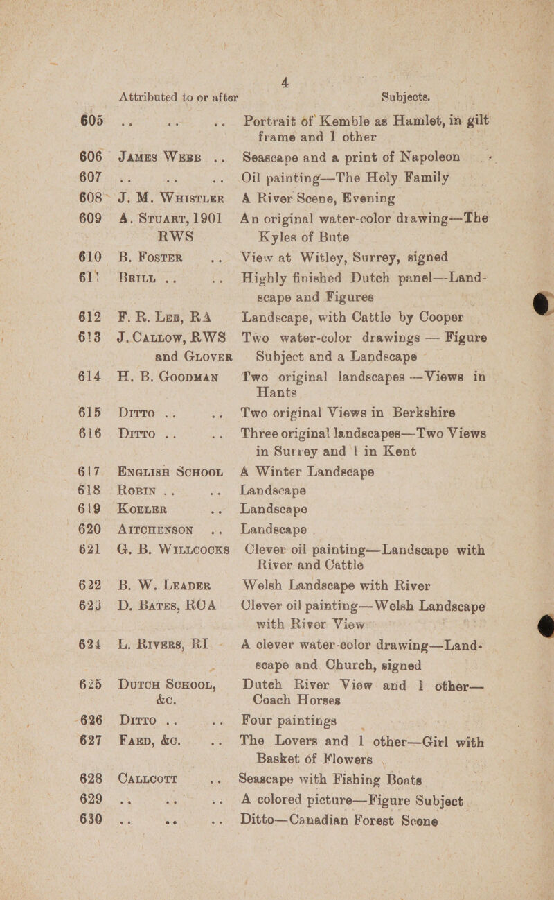 607 608 ~ 609 610 611 612 613 614 615 616 617 618 619 620 621 6 22 623 626 627 628 629 630 Attributed to or after JaMES WEBB J: M. WHISTLER A. Stuart, 1901 RWS B. Foster BRILL . F, R. Les, RA J.Cattow, RWS and GLOVER H. B. GoopMan Ditto .. DirtTo .. ENGLISH SCHOOL Rosin .. KoELER AITCHENSON G. B. WiLucocks B. W. Leaver D. Batzs, RCA L. Rivers, RI. - DutcH ScHooL, &amp;C. Dirtro .. Fagp, &amp;c. CALLCoTT 4 . Subjects. - frame and 1 other Seascape and a print of Napoleon Oil painting—-The Holy Family A River Scene, Evening An original water-color dr awing—The Kyles of Bute View at Witley, Surrey, signed Highly finished Dutch panel—-Land- scape and Figures Landscape, with Cattle by Cooper Two water-color drawings — Figure Subject and a Landscape Hants Two original Views in Berkshire Three origina! landscapes—Two Views in Surrey and | in Kent A Winter Landscape Landscape Landscape Landscape | Clever oil painting—Landscape with River and Cattle Welsh Landscape with River Clever oil painting — Welsh arenes with River View A clever water-color drawing—Land- scape and Church, signed Duteh River View and } prin Coach Horses Four paintings The Lovers and 1 other—Girl a Basket of Flowers _ | Seascape with Fishing Boats A colored picture—Figure Subject. Ditto— Canadian Forest Scene  