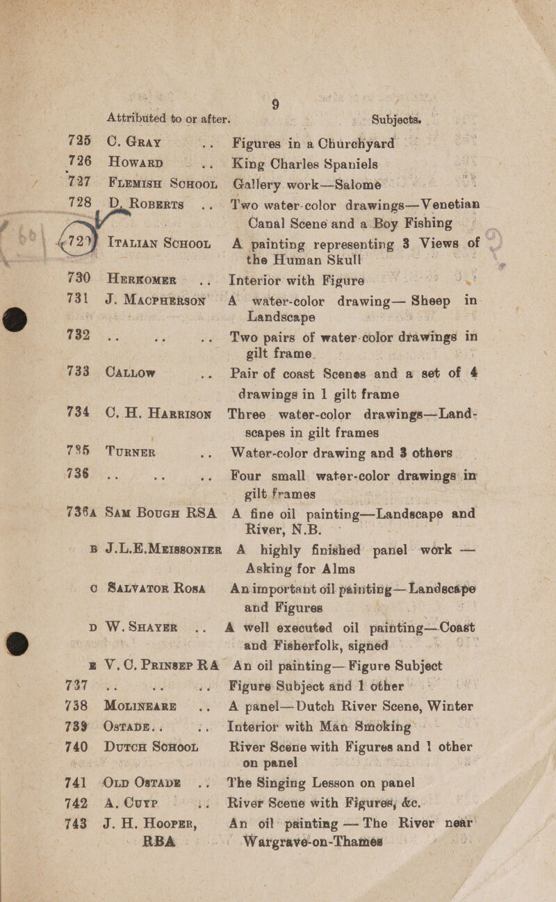  Attributed to or after. : Tap: eae eR me 725 C.Gray ——,.._—“ Figures in cee 726 Howarp — .. King Charles Spaniels 727 Fiemisn ScHoor Gallery work—Salome — ¥ : 728 -D, Roperts ... Two water-color denwineey V Snehee ee Ce ig Canal Scene and a Boy Fishing — ae j Irauian Scooon A painting representing 3 Views of ‘ pe ee the Human Skull    730 Herxomer .. Interior with Figure 9 = 8 731 J. Macpurkson” A water-color dros Sheep in eR OE GILES SSR EO wo Landscape is vey 732. di .. Two pairs of water-color mano in gilt frame. 733 OCaLLow .. Pair of coast Scenes and a wet of 4 | drawings in 1 gilt frame 734 ©. H. Harrison Three water-color drawings— Land- ; scapes in gilt frames 735 TuRNER .. Water-color drawing and 3 others 736. as .. Four small water-color drawings ir gilt frames 7364 Sam Boves RSA A fine oil painting—Landscape and River, N.B. - B J.L.E.Mzissonzer A highly finished panel work — Asking for Alms SaLvaToR Rosa Animportant oil peer er and Figures D W. SHAYER .. A well executed oil printing — Coast | and Fisherfolk, signed. z V.O, Prinser RA An oil painting— Figure Subject a - 737 - ah .. Figure Subject and 1 other ° 738 Moraine eer panel— Dutch River Scene, rete 739 OsTADE.. :. Interior with Man Smoking’ - 740 DvutcH ScHoon River Scene with Figures and | other | pee Sis : on panel VDE Ue Ut 741 Oxp OstApE .. ‘The Singing Lesson on Gabel 742 A.Cure :.. River Scene with Figures, &amp;. 743° «OJ. «&amp;H. Bengae An oil painting — The River near RBA . . Wargrave-on-Thames wa
