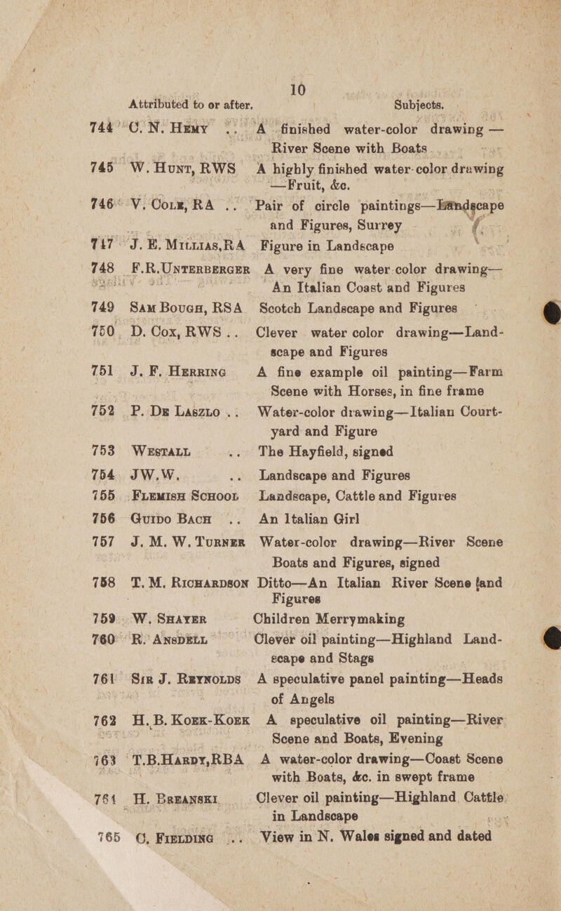 749 753 756. 157 758 Attributed to or alter, “Subjects i River Scene with Boats... > '—Fruit, &amp;e. and Figures, Surpeyo co ge J.E. Miras, RA Figure i in Landscape ——i(‘<i‘( SC An Italian Coast and Figures Sind Bovn, RSA_ Scotch Landscape and Figures | D. Cox, RWS.. Clever water color drawing—Land- | scape and Figures J.F.Herrinc A fine example oil painting—Farm 3 panes Scene with Horses, in fine frame yard and Figure WesTaLL =... ~The Hayfield, signed JW.W, .. Landscape and Figures Boats and Figures, signed Figures W, SHAYER Children Merrymaking R. AnspEtL © Clever oil painting—Highland Land- scape and Stags of Angels Scene and Boats, Evening with Boats, &amp;c. in swept frame in Landscape . O, FIrupine .. ~ View in N. Wales signed and dated  