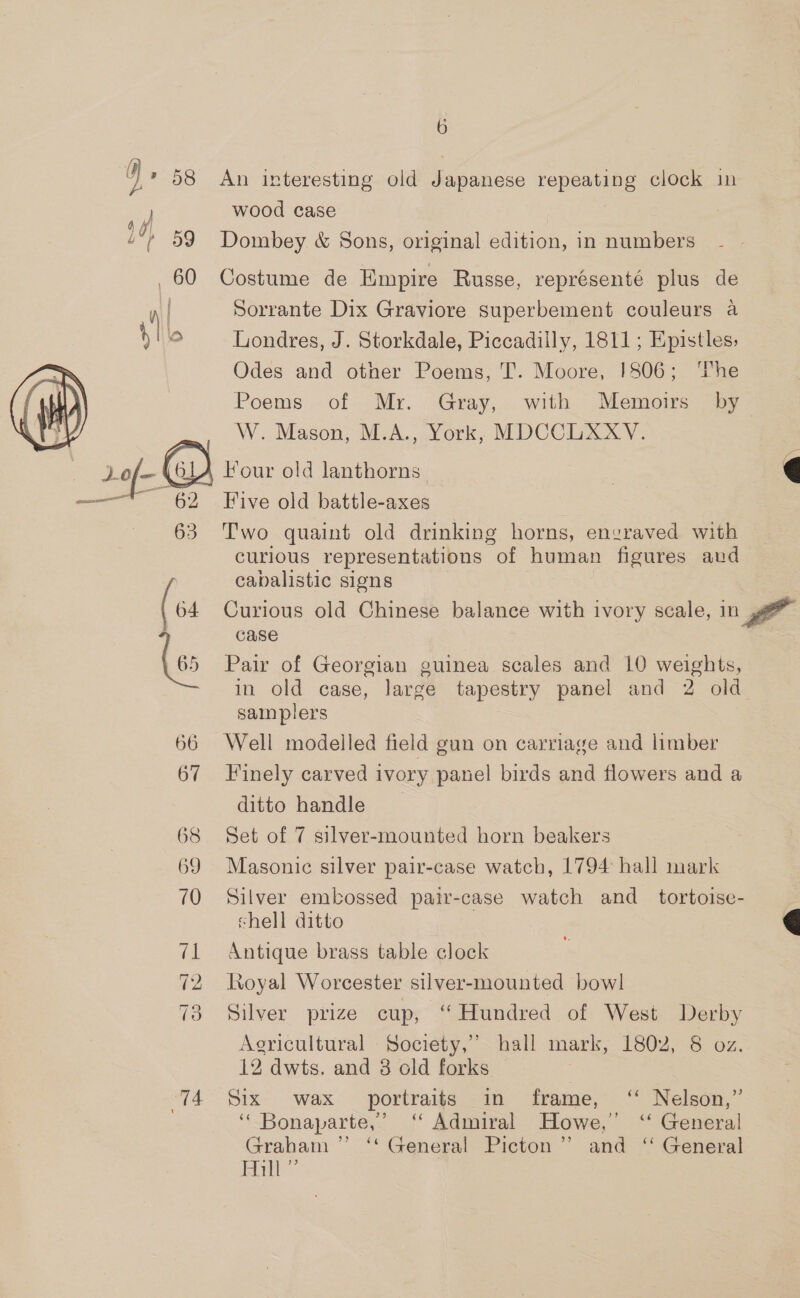 6 U Vata 6 ’ © ¥ 2 ye 58 An interesting old Japanese repeating clock in wo wood case ) OI, Ree ips ““? 59° Dombey &amp; Sons, original edition, in numbers 60 Costume de Empire Russe, représenté plus de Sorrante Dix Graviore Superbement couleurs a Londres, J. Storkdale, Piccadilly, 1811; Epistles, Odes and other Poems, T. Moore, 1806; ‘The Poems of Myr. Gray, with Memoirs by W. Mason, M.A., York, MDCCLXXYV. | Four old lanthorns Five old battle-axes 63 Two quaint old drinking horns, envraved with curious representations of human figures aud cabalistic signs (64 Curious old Chinese balance with ivory scale, in case   65 Pair of Georgian guinea scales and 10 weights, in old case, large tapestry panel and 2 old sain plers 66 Well modelled field gun on carriage and limber 67 Finely carved ivory panel birds and flowers and a ditto handle _ 68 Set of 7 silver-mounted horn beakers 69 Masonic silver pair-case watch, 1794 hall mark 70 Silver embossed pair-case watch and _ tortoise- shell ditto 71 Antique brass table clock Loyal Worcester silver-mounted bowl 738 Silver prize cup, “Hundred of West Derby Agricultural Society,” hall mark, 1802, 8 oz. 12 dwts. and 3 old forks : 74 Six wax portraits in frame, “ Nelson,” ‘Bonaparte,’ ‘‘ Admiral Howe,” ‘“ General Graham ”’ ‘‘ General Picton” and ‘ General All”  ~] bo