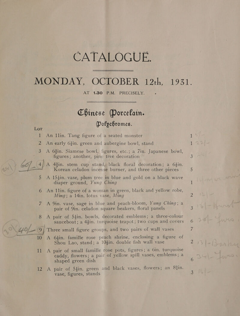 CATALOGUE. AT 1.30 FP-M. PRECISELY. °  Chinese (Porcefain. Dofpchromes. Lot An llin. Tang figure of a seated monster 2 An early 6fin. green and aubergine bowl, stand A 6%in. Siamese bowl, figures, etc.; a Zin. Japanese bowl, figures; another, pine tree decoration A 43in. stem cup stand, black floral decoration; a 64in. Korean celadon incense burner, and three other pieces  5 A 154in. vase, plum tree in blue and gold on a black wave diaper ground, Yung Ching 6 An llin. figure of a woman in green, black and yellow robe, Ming; a 14in. lotus vase, Ming 7 A Qin. vase, sage in blue and peach-bloom, Yung Ching; a pair of 9in. celadon square beakers, floral panels 8 A pair of 54in. bowls, decorated emblems; a three-colour sauceboat; a 44in. turquoise teapot; two cups and covers \ tpo/- 9 Three small figure groups, and two pairs of wall vases asus aaa oun 10 A 64in. famille rose peach shrine, enclosing a figure of Shou Lao, stand; a 10gin. double fish wall vase 11 A pair of small famille rose pots, figures; a 6in. turquoise caddy, flowers; a pair of yellow spill vases, emblems; a shaped green dish vase, figures, stands bo