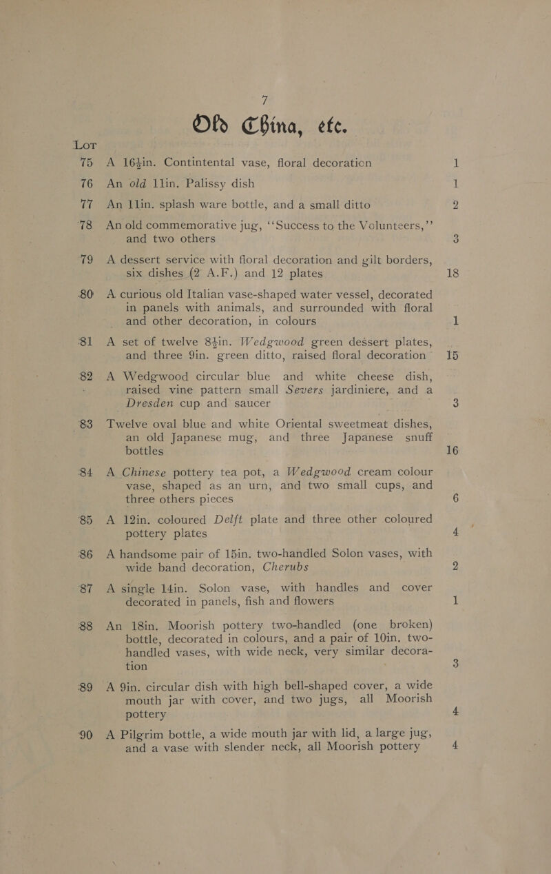 AW Gis 75 76 17 78 1B 80) 81 82 83 84 85 86 87 88 89 ‘90 7 Of China, efe. A 164in. Contintental vase, floral decoration An old 1lin. Palissy dish An l1lin. splash ware bottle, and a small ditto An old commemorative jug, ‘‘Success to the Volunteers, ”’ and two others A dessert service with floral decoration and gilt borders, six dishes (2 A.F.) and 12 plates A. curious old Italian vase-shaped water vessel, decorated in panels with animals, and surrounded with floral and other decoration, in colours A set of twelve 84in. Wedgwood green dessert plates, and three 9in. green ditto, raised floral decoration A Wedgwood circular blue and white cheese dish, raised vine pattern small Severs jardiniere, and a Dresden cup and saucer Twelve oval blue and white Oriental sweetmeat dishes, an old Japanese mug, and three Japanese _ snuff bottles vase, shaped as an urn, and two small cups, and three others pieces A 12in. coloured Delft plate and three other coloured pottery plates A handsome pair of 15in. two-handled Solon vases, with wide band decoration, Cherubs A single 14in. Solon vase, with handles and cover decorated in panels, fish and flowers An 18in. Moorish pottery two-handled (one broken) bottle, decorated in colours, and a pair of 10in. two- handled vases, with wide neck, very similar decora- tion A 9in. circular dish with high bell-shaped cover, a wide mouth jar with cover, and two jugs, all Moorish pottery A Pilgrim bottle, a wide mouth jar with lid, a large jug, and a vase with slender neck, all Moorish pottery 18 15 16 4