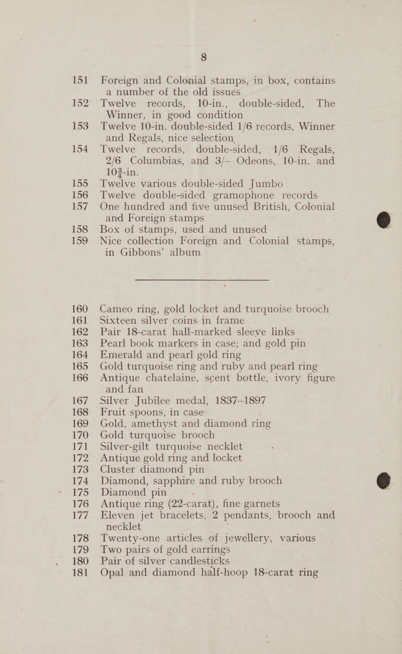15] 152 153 154 155 156 157 158 159 160 161 162 163 164 165 166 167 168 169 170 id 172 173 174 175 176 177 178 r79 180 181 8 Foreign and Colonial stamps, in box, contains a number of the old issues Twelve records, 10-in., double-sided, The Winner, in good condition Twelve 10-in. double-sided 1/6 records, Winner and Regals, nice selection, | Twelve records, double-sided, 1/6 Regals, 2/6 Columbias, and 3/— Odeons, 10-in. and 103-in. Twelve various double-sided Jumbo Twelve double-sided gramophone records One hundred and five unused eet, Colonial and Foreign stamps : Box of stamps, used and unused Nice collection Foreign and Colonial stamps, in Gibbons’ album Cameo ring, gold locket and turquoise brooch Sixteen silver coins in frame Pair 18-carat hall-marked sleeve links Pearl book markers in case; and gold pin Emerald and pearl gold ring Gold turquoise ring and ruby and pearl ring Antique chatelaine, scent bottle, ivory figure and fan » Silver Jubilee medal, 1837-1897 Fruit spoons, in case Gold, amethyst and diamond ring Gold turquoise brooch Silver-gilt turquoise necklet Antique gold ring and locket Cluster diamond pin Diamond, sapphire and ruby brooch Diamond pin Antique ring (22- carat), fine garnets Eleven: jet bracetets;22 pendants, brooch and necklet Twenty-one articles of jewellery, various Two pairs of gold earrings Pair of silver candlesticks Opal and diamond half-hoop 18-carat ring 