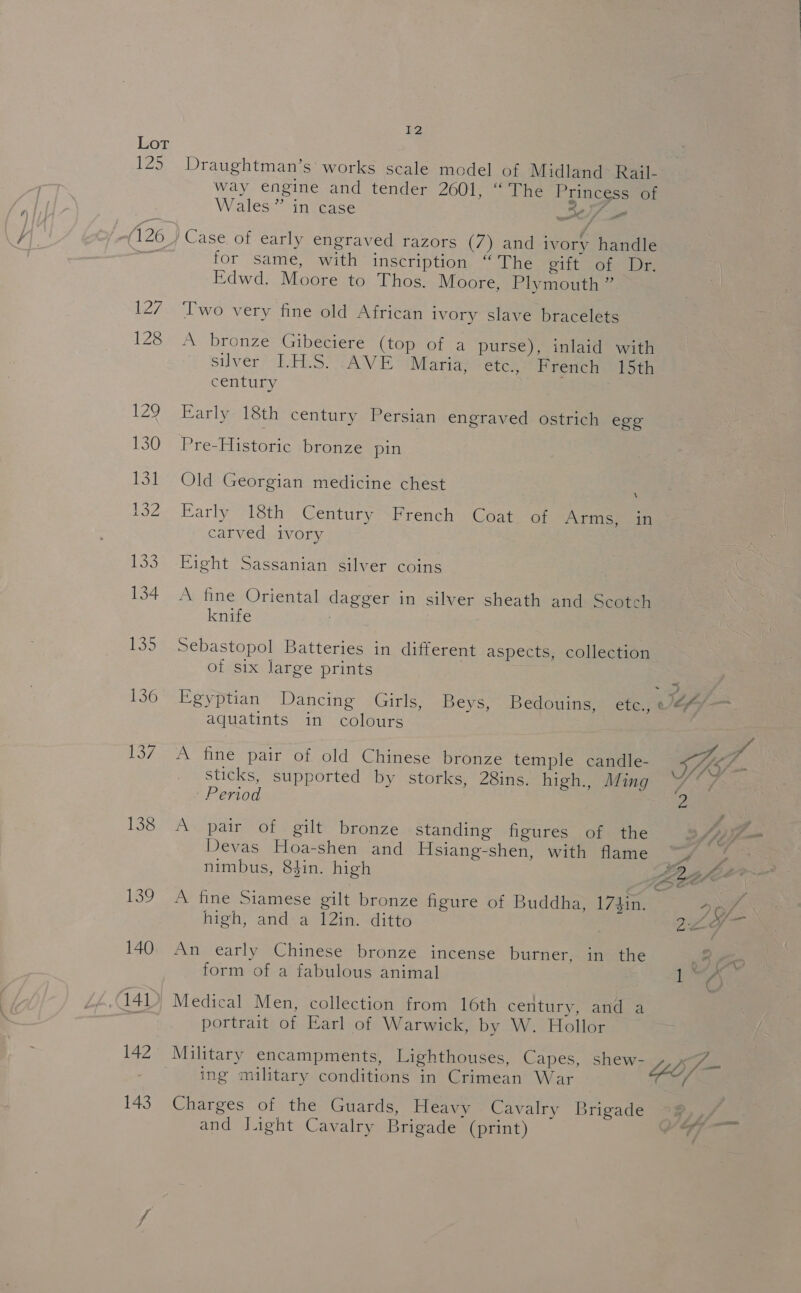 125 138 139 140 142 143 I2 Draughtman’s’ works scale model of Midland: Raijl- way engine and tender 2601, “The Princess of Wales” in case Sc// Pa for same, with inscription “The cilt[ om es Edwd. Moore to Thos. Moore, Plymouth ” lwo very fine old African ivory slave bracelets A bronze Gibeciere (top of a purse), inlaid with silver LH.S. AVE Maria, etc., French 15th century Early 18th century Persian engraved ostrich egg Pre-Historic bronze pin Old Georgian medicine chest x Early 18th Century French Coat of Arms, in carved ivory Eight Sassanian silver coins A fine Oriental dagger in silver sheath and Scotch knife Sebastopol Batteries in different aspects, collection of six large prints Egyptian Dancing Girls, Beys, Bedouins, ete., ~#4/— aquatints in colours A fine pair of old Chinese bronze temple candle- SIS, sticks, supported by storks, 28ins. high., Ming Y / Period 2 A pair of gilt bronze standing figures of the Devas Hoa-shen and Hsiang-shen, with flame A nimbus, 8$in. high Pratt A fine Siamese gilt bronze figure of Buddha, 174in. 2 of. high, and a 12in. ditto Ea An early Chinese bronze incense burner, in the 3 form of a fabulous animal Ley Medical Men, collection from 16th century, and a portrait of Earl of Warwick, by W. Hollor Military encampments, Lighthouses, Capes, shew- = ing military conditions in Crimean War Ck Charges of the Guards, Heavy Cavalry srigade and light Cavalry Brigade (print)