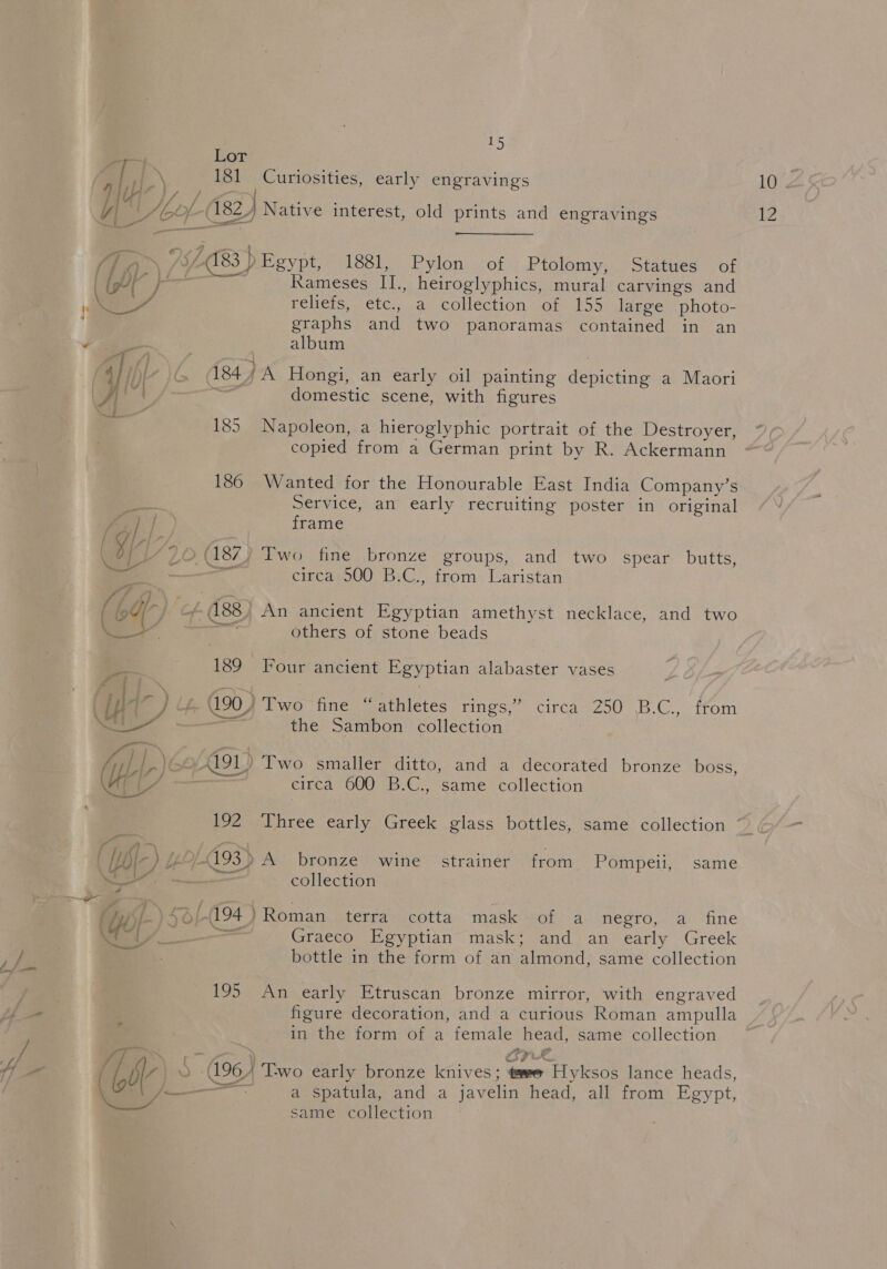 181 Abe 6 de. - 185 186 WY 20. Ge Via.) : ey t= | 139 Ut) +. &amp; Ue} JEL ae 192 (bi) 49-093) 0/094 es &lt;6) Curiosities, early engravings 1881, Pylon of Ptolomy, Statues of Rameses II., heiroglyphics, mural carvings and celets, etc:; a. collection of 155: dlaree photo- graphs and two panoramas contained in an album domestic scene, with figures Napoleon, a hieroglyphic portrait of the Destroyer, copied from a German print by R. Ackermann Wanted for the Honourable East India Company’s Service, an early recruiting poster in original frame circa 500 B.C., from Laristan An ancient Egyptian amethyst necklace, and two others of stone beads Four ancient Egyptian alabaster vases the Sambon collection circa 600 B.C., same collection collection }Roman terra cotta mask of a negro, a fine Graeco Egyptian mask; and an early Greek bottle in the form of an almond, same collection An early Etruscan bronze mirror, with engraved figure decoration, and a curious Roman ampulla in the form of a female head, same collection fe a) a a spatula, and a javelin head, all from Egypt, same collection 10. 1