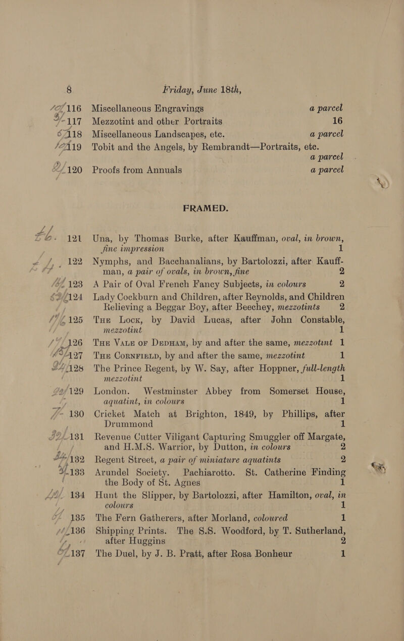 &gt; \“ ~~. ; 67.137 Friday, June 18th, Miscellaneous Engravings a parcel Mezzotint and other Portraits 16 Miscellaneous Landscapes, etc. a parcel Tobit and the Angels, by Rembrandt—Portvraits, ete. a parcel Proofs from Annuals a parcel FRAMED. Una, by Thomas Burke, after Kauffman, oval, in brown, jine impression 1 Nymphs, and Bacchanalians, by Bartolozzi, after' Kauft- man, @ pair of ovals, in brown, fine 2 A Pair of Oval French Fancy Subjects, in colours 2 Lady Cockburn and Children, after Reynolds, and Children Relieving a Beggar Boy, after Beechey, mezzotints 2 Tue lLocx, by David Lucas, after John Constable, mezzotunt | 1 Tue Vaue or Depuam, by and after the same, mezzotint 1 THE CoRNFIELD, by and after the same, mezzotint 1 The Prince Regent, by W. Say, after Hoppner, full-length mezzotint 1 London. Westminster Abbey from Somerset House, aquatint, in colours 1 Cricket Match at Brighton, 1849, by Phillips, after Drummond 1 Revenue Cutter Viligant Capturing Smuggler off Margate, and H.M.S8. Warrior, by Dutton, in colours 2 Regent Street, a pair of miniature aquatints 2 Arundel Society. Pachiarotto. St. Catherine Finding the Body of St. Agnes 1 Hunt the Slipper, by Bartolozzi, after Hamilton, oval, in colours 1 The Fern Gatherers, after Morland, colowred 7 Shipping Prints. The 8.8. Woodford, by T. Sutherland, The Duel, by J. B. Pratt, after Rosa Bonheur 1 x