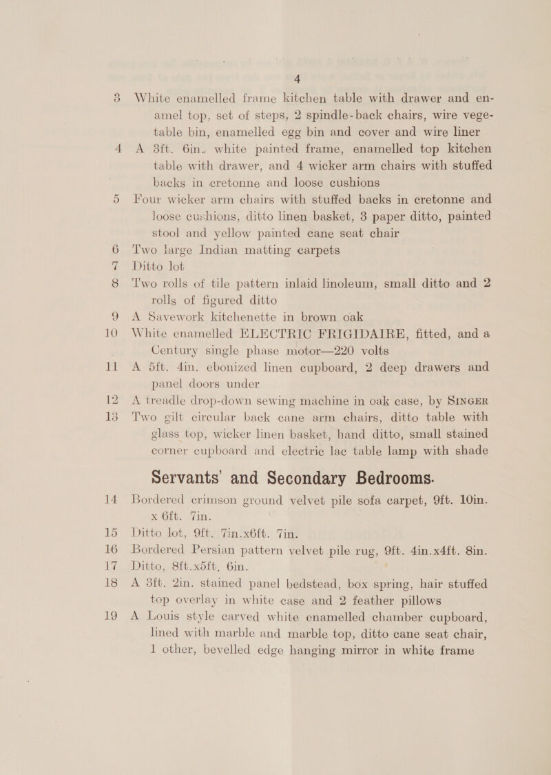 14 16 le 18 12 4 White enamelled frame kitchen table with drawer and en- amel top, set of steps, 2 spindle-back chairs, wire vege- table bin, enamelled egg bin and cover and wire liner A 3ft. 6in. white painted frame, enamelled top kitchen table with drawer, and 4 wicker arm chairs with stuffed backs in cretonne and loose cushions Four wicker arm chairs with stuffed backs in eretonne and loose cushions, ditto linen basket, 38 paper ditto, painted stool and yellow painted cane seat chair Two large Indian matting carpets Ditto lot Two rolls of tile pattern inlaid linoleum, small ditto and 2 rolls of figured ditto A Savework kitchenette in brown oak White enamelled ELECTRIC FRIGIDAIRE, fitted, and a Century single phase motor—220 volts A oft. din. ebonized linen cupboard, 2 deep drawers and panel doors under A treadle drop-down sewing machine in oak case, by SINGER Two gilt circular back cane arm chairs, ditto table with glass top, wicker linen basket, hand ditto, small stained corner cupboard and electric lac table lamp with shade Servants and Secondary Bedrooms. Bordered crimson ground velvet pile sofa carpet, 9ft. 10in. x Oi. Vin. Ditto lot, 9ft. :7in:x6ft, Bordered Persian am ae et pile me, 3 eee 4in.x4ft. 8in. Ditto, 8ft.xd5ft, 6in. A 3ft. 2in. stained panel bedstead, box spring, hair stuffed top overlay in white case and 2 feather pillows A Louis style carved white enamelled chamber cupboard, lined with marble and marble top, ditto cane seat chair, 1 other, bevelled edge hanging mirror in white frame
