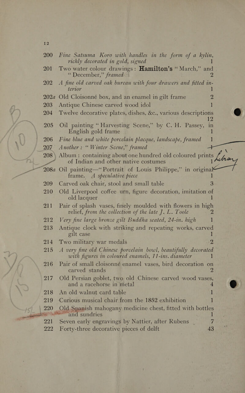 200 Line Satsuma Koro with handles in the form of a kylin, richly decorated in gold, signed ] 201 Two water colour drawings: Hamilton’s “ March,” and ‘““ December,” framed 2 202. A fine old carved oak bureau with four drawers and fitted in- terior 1 202a Old Cloisonné box, and an enamel in gilt frame 2 203 Antique Chinese carved wood idol | 1 204 Twelve decorative plates, dishes, &amp;c., various descriptions G 12 205 Oil painting ‘ Harvesting Scene,” by C.’H. Passey, in English gold frame 1 206 Fine blue and white porcelain placque, landscape, framed 1 207 Another: “ Winter Scene,” framed Sa \ 208 \ Album : containing about one hundred old coloured prints But of Indian and other native costumes ] _-—~ 208a Oil painting—‘ Portrait of Louis Philippe,’ in original frame. A speculative prece 1 209 Carved oak chair, stool and small table 3 210 Old Liverpool coffee urn, figure decoration, imitation of old lacquer 1 211 Pair of splash vases, finely moulded with flowers in high relief, from the collection of the late J. L. Toole 2 212 Very fine large bronze gilt Buddha seated, 24-1n. high ] 213 Antique clock with striking and repeating works, carved  gilt case ] 214. Two military war medals 2 215 A very fine old Chinese porcelain bowl, beautifully decorated with figures im coloured enamels, 11-ins. diameter J 216 Pair of small cloisonné enamel vases, bird decoration on carved stands 2 217 Old Persian goblet, two old Chinese carved wood vases, and a racehorse in metal 4 @ 218 An old walnut card table ] 219 -Curious musical chair from the 1852 exhibition 1 | 220 Old Spanish mahogany medicine chest, fitted with bottles masta and sundries 1 221 Seven early engravings by Nattier, after Rubens | 7 222 Forty-three decorative pieces of delft 43