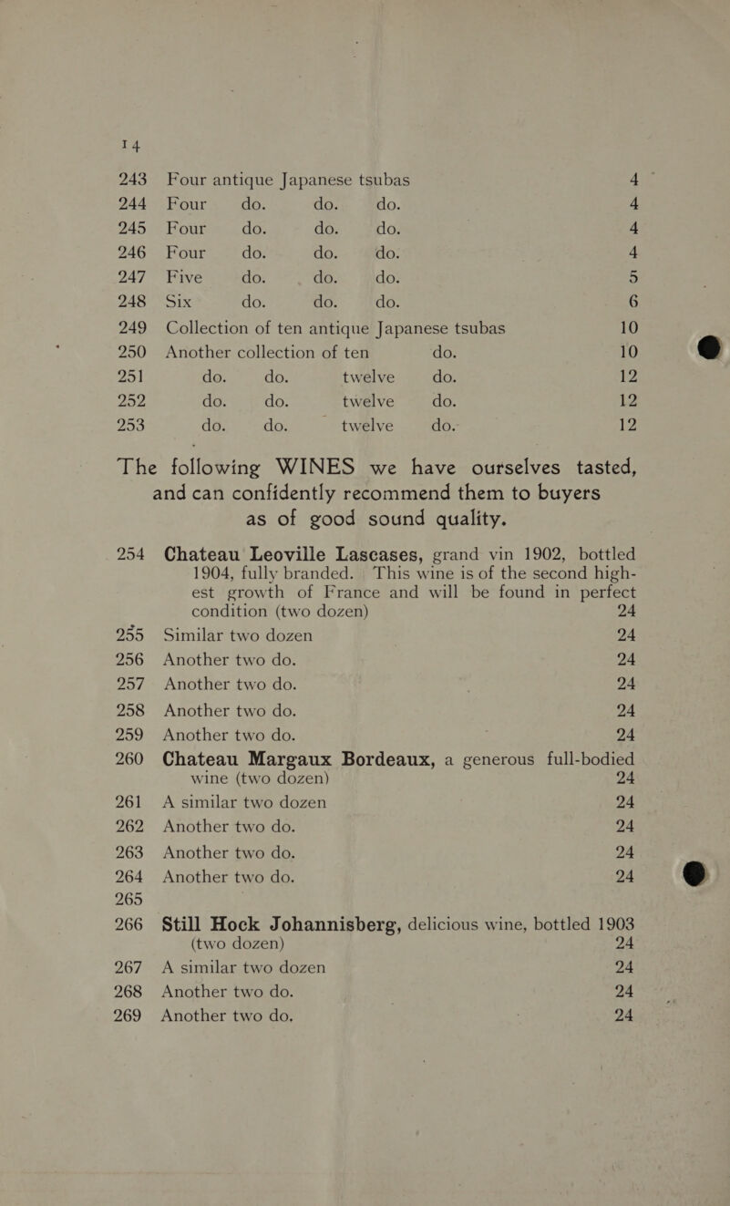  244 Four do. do. do. 4 245 Four do. do. do. 4 246 Four do. do. do. 4 247 Five do. do. do. 2 248 Six do. do. do. 6 249 Collection of ten antique Japanese tsubas 10 250 Another collection of ten do. 10 251 do. do. twelve do. 12 252 do. do. twelve do. 12 253 do. do. ~ twelve do. 12 The following WINES we have ourselves tasted, and can confidently recommend them to buyers as of good sound quality. 254 Chateau Leoville Lascases, grand vin 1902, bottled 1904, fully branded. This wine is of the second high- est growth of France and will be found in perfect condition (two dozen) 24 255 Similar two dozen 24 256 Another two do. 24 257 Another two do. 24 258 Another two do. 24 259 Another two do. 24 260 Chateau Margaux Bordeaux, a generous full-bodied wine (two dozen) 24 261 <A similar two dozen 24 262 Another two do. 24 263 Another two do. 24 264 Another two do. 24 &amp; 265 | 266 Still Hock Johannisberg, delicious wine, bottled 1903 (two dozen) 24 267 <A similar two dozen 24 268 Another two do. 24 269 Another two do. 24