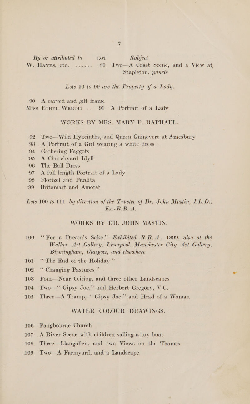 ~t By or attributed to LOT Subject WWW PPO ERC ov secde: 89 Two—A Coast Scene, and a View at Stapleton, panels Lots 90 to 99 are the Property of a Lady. 90 A carved and gilt frame Miss Erne, Wricutr .... 91 A Portrait of a Lady WORKS BY MRS. MARY F. RAPHAEL. 92. Two—Wild Hyacinths, and Queen Guinevere at Amesbury 93 A Portrait of a Girl wearing a white dress 94 Gathering Faggots 95 A Churchyard Idyll 96 The Ball Dress 97 &lt;A full length Portrait of a Lady 98 Florizel and Perdita 99 Britomart and Amoret Lots 100 to 111 by direction of the Trustee of Dr. John Mastin, LL.D., Ea.-R.B. A. WORKS BY DR. JOHN MASTIN. 100 ‘‘ For a Dream’s Sake,” Eahibited R.B.A., 1899, also at the Walker Art Gallery, Liverpool, Manchester City Art Gallery, Birmingham, Glasgow, and elsewhere 101 +‘* The End of the Holiday ” 102 ‘‘ Changing Pastures ” 103 Four—Near Ceiriog, and three other Landscapes 104 Two—‘‘ Gipsy Joe,” and Herbert Gregory, V.C. 105 Three—A Tramp, ‘‘ Gipsy Joe,” and Head of a Woman WATER COLOUR DRAWINGS. 106 Pangbourne Church 107 A River Scene with children sailing a toy boat 108 Three—Llangollen, and two Views on the Thames 109 Two—A Farmyard, and a Landscape