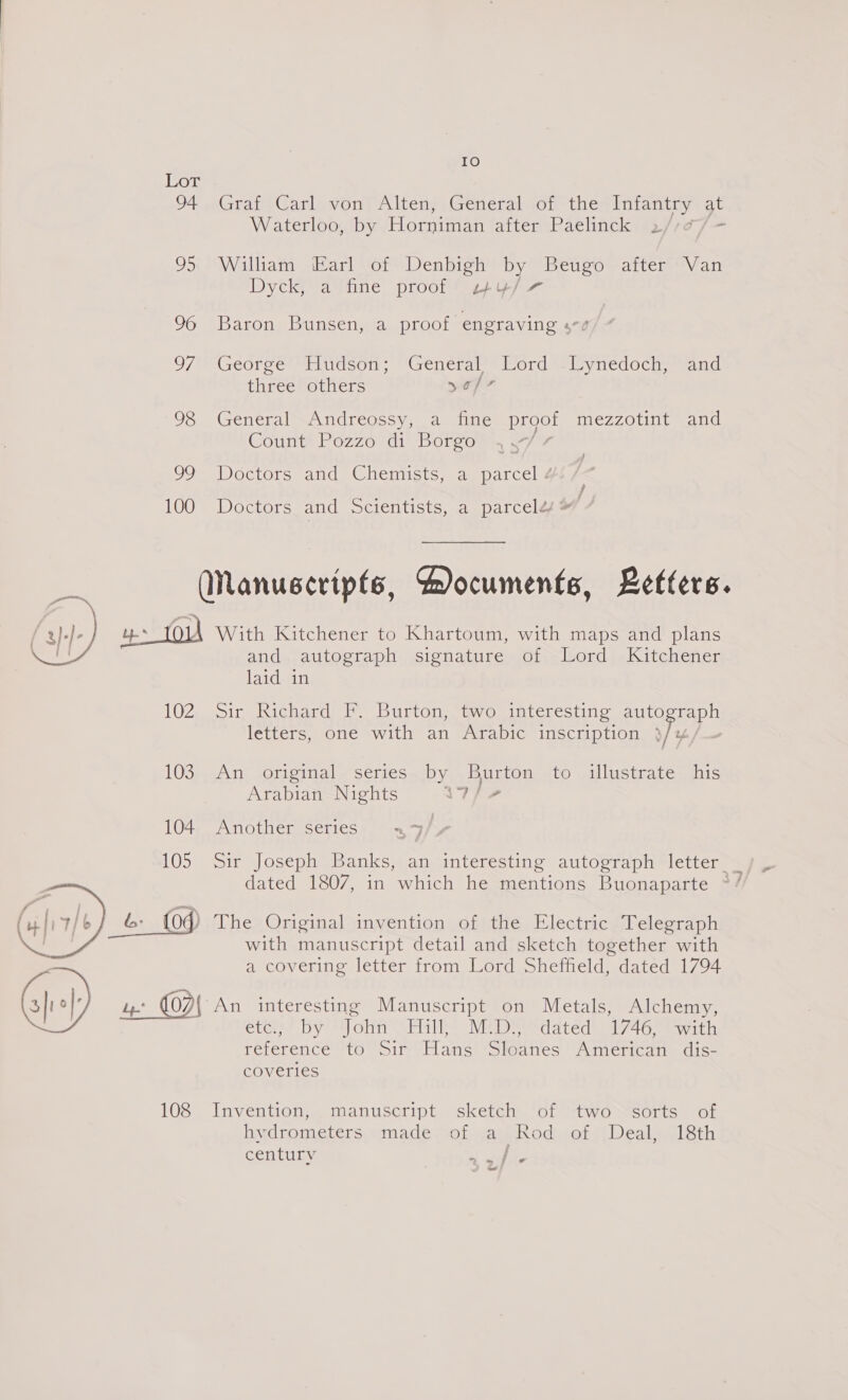 Lot OF parattt Canlawont A ltens; Generalsot the Infantry at Waterloo, by Horniman attegetraclinckiras - 95 William Earl of Denbigh by Beugo after Van Dyck, a fine proof “4Yy/ 7 96 Baron Bunsen, a proof engraving 4-0 07) George Hudson ; General’? Bord Svynedochs and three others yay» 98 General Andreossy, a fine proof mezzotint and Count Pozzo di Borgo ap OOM NOCCLOrceand Gneintcton apace! 100 Doctors and Scientists, a parcelé io! = (Nanuscripts, Hocuments, Letters. / 3}-. I) > Ou With Kitchener to Khartoum, with maps and plans eu and. autograph signature Of) sLord|.Kitchener laid in 102 Sir Richard F. Burton, two interesting autograph letters, one with an Arabic inscription fy 103. An original series. by Burton to illustrate his Arabian Nights sr jh eg 104. Another series 105 Sir Joseph Banks, an interesting autograph letter. dated 1807, in which he mentions Buonaparte ~/ 6: {04 ) The Original invention of the Electric Telegraph with manuscript detail and sketch together with a covering letter from Lord Sheffield, dated 1794 u € 07 { An interesting Manuscript on Metals, Alchemy, eter by oun Hill, M.D., dated 1746, with ale dtites to Sir Hans ‘Sloanes American dis- coveries  108 Invention, manuscript sketch of two sorts of hvdrometers made of a Rod of Deal, 18th century A Sipe _