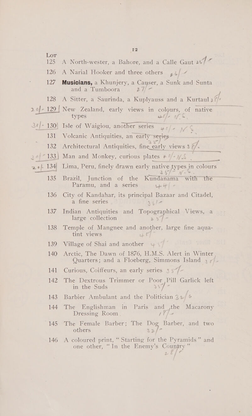 128 A North-wester, a Bahore, and a Calle Gaut a 4 A Narial Hooker and three others Pe Musicians, a Khunjery, a Cayser, a Sunk and Sunta anc ae Luimpoora LAS A Sitter, a Saurinda, a Kuplyauss and a Kurtaul 2 131 132 3} ~ 133 Si pike! | — 135 types wil]e ofS . . ———_ Isle of Waigiou, another series a ne Volcanic Antiquities, an early series Architectural Antiquities, fine. “early views 3 Man and Monkey, curious plates ¥ fe / i Lima, Peru, finely drawn early native ty pe in colours i ~ wv Brazil. junction ‘of the Kundanama St the. Barami, vand hasascties Lp Y} City of Kandahar, its Snug azar and Citadel, a fine series Indian Antiquities and Popo er pala Views, a large collection : Temple of Mangnee and another, large fine aqua- tint views Village of Shai and another Arctic, The Dawn of 1876, H.M.S. Alert in Winter Quarters; and a Floeberg, Simmons Island 3 ; Curious, Coitteurs, an early series 4 gf The. Dextrous: (I rimmer ‘or oor, Pill Garlick Lett in the Suds Ee ve Barbier Ambulant and the Politician 22/6 The Englishman in Paris and ,the Macarony Dressing Room | ‘ae h The Female Barber; he Dog Barber, .and two others 33/7 A coloured print, “ Starting for the Pyramids” and one other, “In the Enemy’s Coungry ”