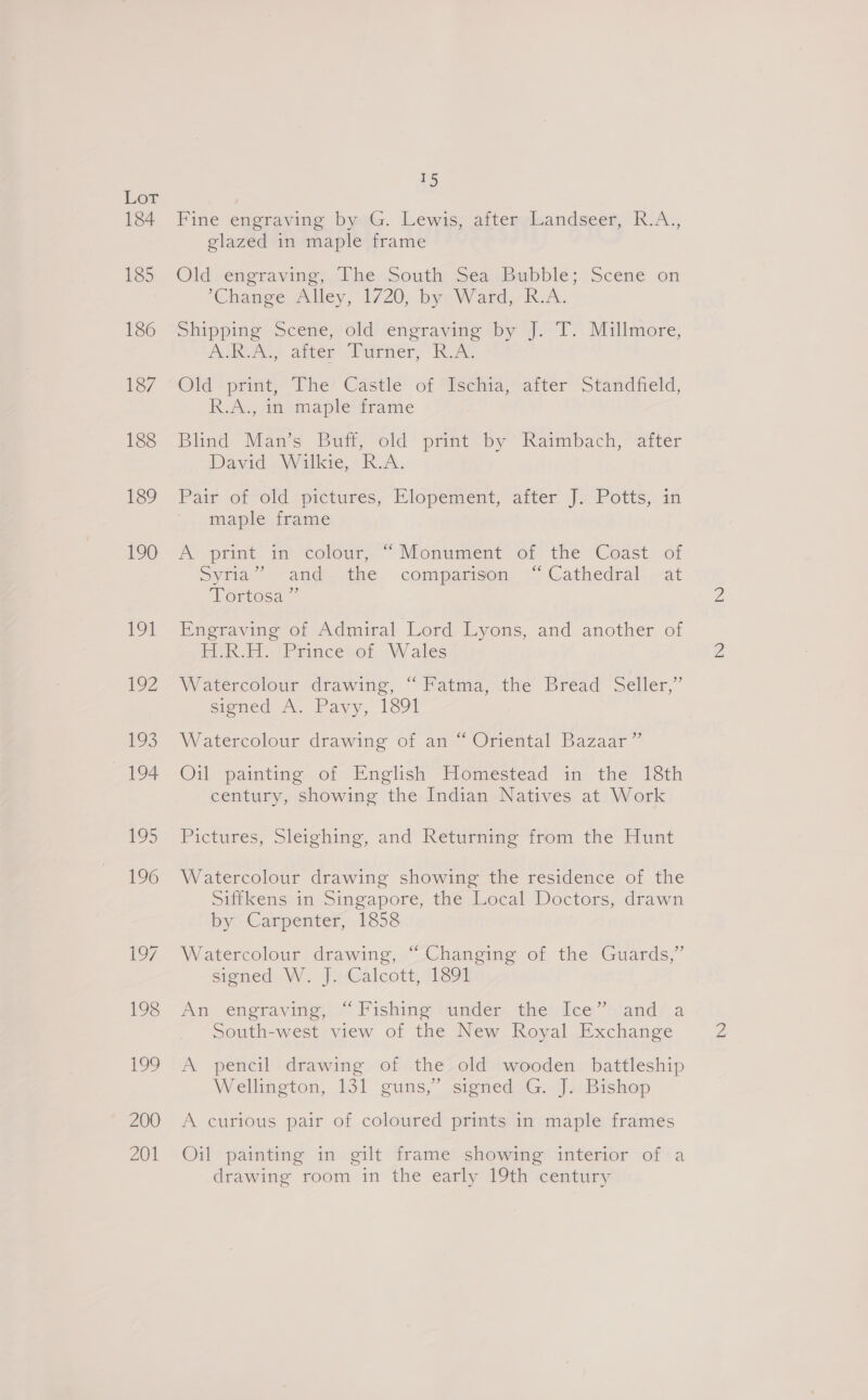 200 201 15 Fine engraving bywG. Lewis: aftempleandsees, R.A, glazed in maple frame Old engraving; The-South S¢ea Bubble; Scene on ‘Chanee Alley, 1/20, bye Ward... Shipping’ Scene, old engraving iby J.T: Millmore; AJRANS after Purmrer, RA. Old +print.” The’ Castle’ of Fsehva,” atter “Standfield, KA. va ‘maple frame Blind Man’s Buff, old print by Raimbach, after David Wilkie, R.A. Pam or od “pictues, “Clopement, alter, jo Potts, an maple frame ACyprint: tm *colour;~ Monument of the Coast, of Syria”. andthe. comparison. i Cathedral,..at Tertosa,” Engraving of Admiral Lord Lyons, and another of iRl. UPaimcekef, Wales Watercolour «drawing, “atnaa, the Bread Seller,” sioned A. Payy, 1891 Watercolour drawing of an “ Oriental Bazaar” Oil painting. of English Homestead in the 18th century, showing the Indian Natives at Work Pictures, Sleighing, and Returning from the Hunt Watercolour drawing showing the residence of the Siffkens in Singapore, the Local Doctors, drawn bye Carpenter, 1858 Watercolour drawing, “Changing of the Guards,” sienedeW. Jy-Calcoty deol Aw engraving, .° Fishing sumdep the ies” handy. a South-west view of the New Royal Exchange A pencil drawing of the old wooden battleship Wellington, 131 guns,” sionéedaG,..] Bishop A curious pair of coloured prints in maple frames Oil painting in gilt frame showing interior of a drawing room in the early 19th century