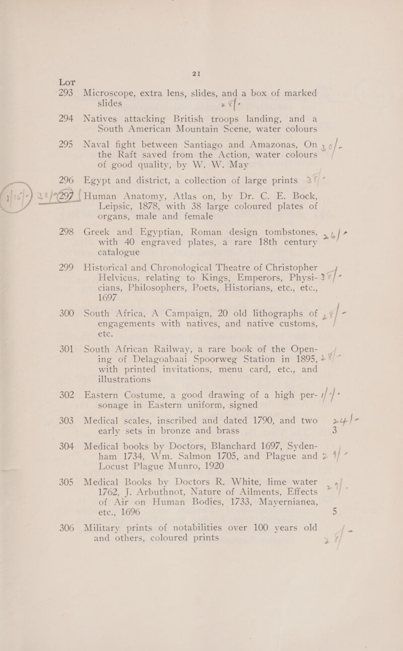 25 Lot 293. Nicroscope, extra, lens, slides, and-a box of marked slides 2 a. 294 Natives attacking British troops landing, and a South American Mountain Scene, water colours in aa y 295 Naval fight between Santiago and Amazonas, On . ¢ the Raft saved from the Action, water colours of good quality, by W. W. May 296 Egypt and district, a collection of large prints yf (297 | amar aatomy, otlas~on by Dr CC. 2. bork. ae Letpsicy 1873, with 38%aree coloured plates” of organs, male and female 298 Greek and Egyptian, Roman design tombstones, 2b” with 40 engraved plates, a rare 18th century catalogue 299 Historical and Chronological Theatre of Christopher / Helvicus, relating to Kings, Emperors, Physi-3°*/7 cians, Philosophers,,.Poets,-Historians;, etc. etc., 1697 300 South Africa, A Campaign, 20 old lithographs of , ¢ he engagements with natives, and native customs, / EvC. 301 South African Railway, a rare book of the Open- ing of Delagoabaai Spoorweg Station in 1895, with printed invitations, menu card, etc. and illustrations h- 302 Eastern Costume, a good drawing of a high per- i] |. sonage in Eastern uniform, signed | 303 Medical scales, inscribed and dated 1790, and two 2Yy/- early sets in bronze and brass &amp; 304. Medical books by Doctors, Blanchard 1697, Syden- | ham 1734, Wm. Salmon 1705, and Plague and 2 4} ’ Locust Plague Munro, 1920 305 Medical Books by Doctors R. White, lime water 1762, |. Acbuthnot,’ NatG@re-ot Auiments, Fifects of Air on Human Bodies, 1733, Mayernianea, etc., 1696 5 306 Military prints of notabilities over 100 years old and others, coloured prints