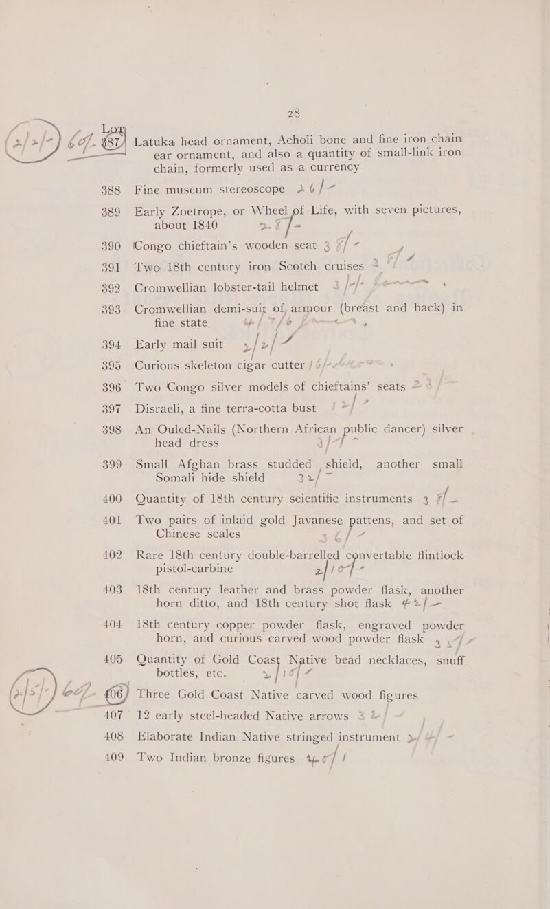 ear ornament, and also a quantity of small-link iron chain, formerly used as a currency Fine museum stereoscope 4 6 / = Early Zoetrope, or Wheel pf Life, with seven pictures, about 1840 2. ve | / (Congo chieftain’s wooden seat 3 // ~ : |e, Two 18th century iron Scotch cruises : — Cromwellian lobster-tail helmet ~ /”/* atin ‘ Cromwellian demi-suit of armour (breast and back) in fine state i The —% , f ‘ s f Early mail suit 5 / bi 4 Curious skeleton cigar cutter /6/- j Disraeli, a fine terra-cotta bust An Ouled-Nails (Northern African peas dancer) silver head dress a7 Small Afghan brass studded _ shield, another small Somali hide shield 3 af 7 Quantity of 18th century scientific instruments 3 ff ee Two pairs of inlaid gold LARS pate, and set of Chinese scales Rare 18th century tan ise vaeite c nvertable flintlock pistol-carbine zi jp O-}-< 18th century leather and brass powder flask, another horn ditto, and 18th century shot flask #2] — i8th century copper powder flask, engraved powder horn, and curious carved wood powder flask , , Quantity of Gold Coast Native bead necklaces, Satie DOLLLeS Cte. Oh | 7 f Three Gold Coast Native carved wood figures Elaborate Indian Native stringed instrument 3 Two Indian bronze figures 44-0 1s