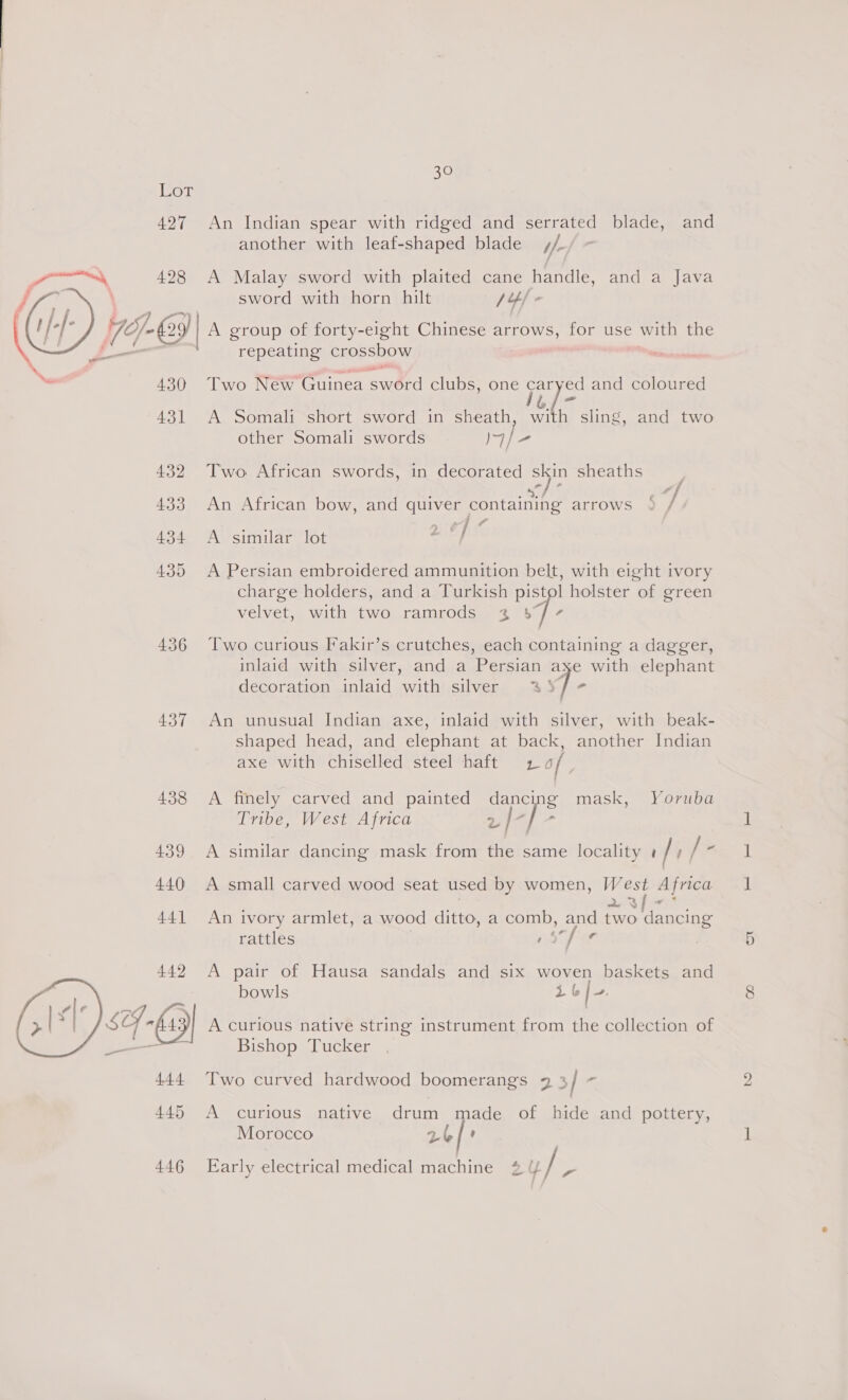  427 An Indian spear with ridged and serrated blade, and another with leaf-shaped blade //. 428 A Malay sword with plaited cane handle, and a Java sword with horn hilt /4/ - 4-@) A group of forty-eight Chinese arrows, for use with the repeating crossbow , 430 Two New Guinea ae oa clubs, one psi and coloured 431 A Somali short sword in sheath, with sling, and two other Somali swords jy) 432 Two African swords, in decorated a sheaths 433 An African bow, and quiver containing arrows / rhe i # 434 A similar lot oa 435 A Persian embroidered ammunition belt, with eight ivory charge holders, and a Turkish pistol holster of green velvet, with two ramrods 3 54 ie 436 Two curious Fakir’s crutches, each containing a dagger, inlaid with silver, and a ‘Persian axe with elephant decoration inlaid eal SUVeRE sobs ] - 437 An unusual Indian axe, inlaid with silver, with beak- shaped head, and elephant at back, another Indian axe with chiselled steel haft r of 438 A finely carved and painted dancing mask, Yoruba Tribe, West Africa ry af ’ 439 A similar dancing mask from the same locality fi / 440 A small carved wood seat used by women, digs africa 441 An ivory armlet, a wood ditto, a comb, and ee dancing rattles 1 sfur ) A pair of Hausa sandals and six woven baskets and bowls ib /- A curious native string instrument from the collection of Bishop Tucker  444 Two curved hardwood boomerangs 9 3/ ~ 445 A curious native drum made of hide and pottery, Morocco 2b 446 Early electrical medical machine ¢@ l/ / r (|